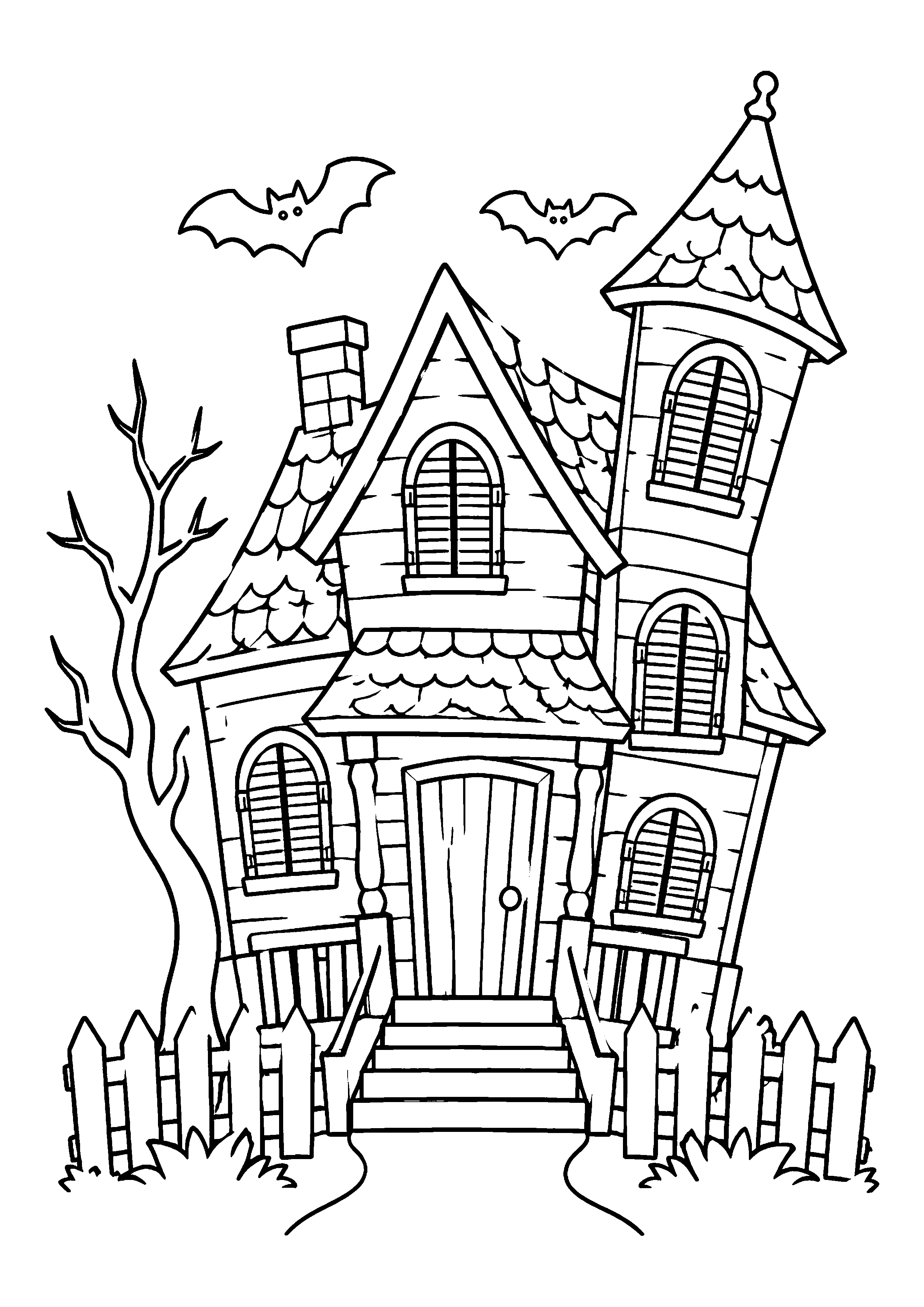 Haunted house with bats coloring page, printable line art
