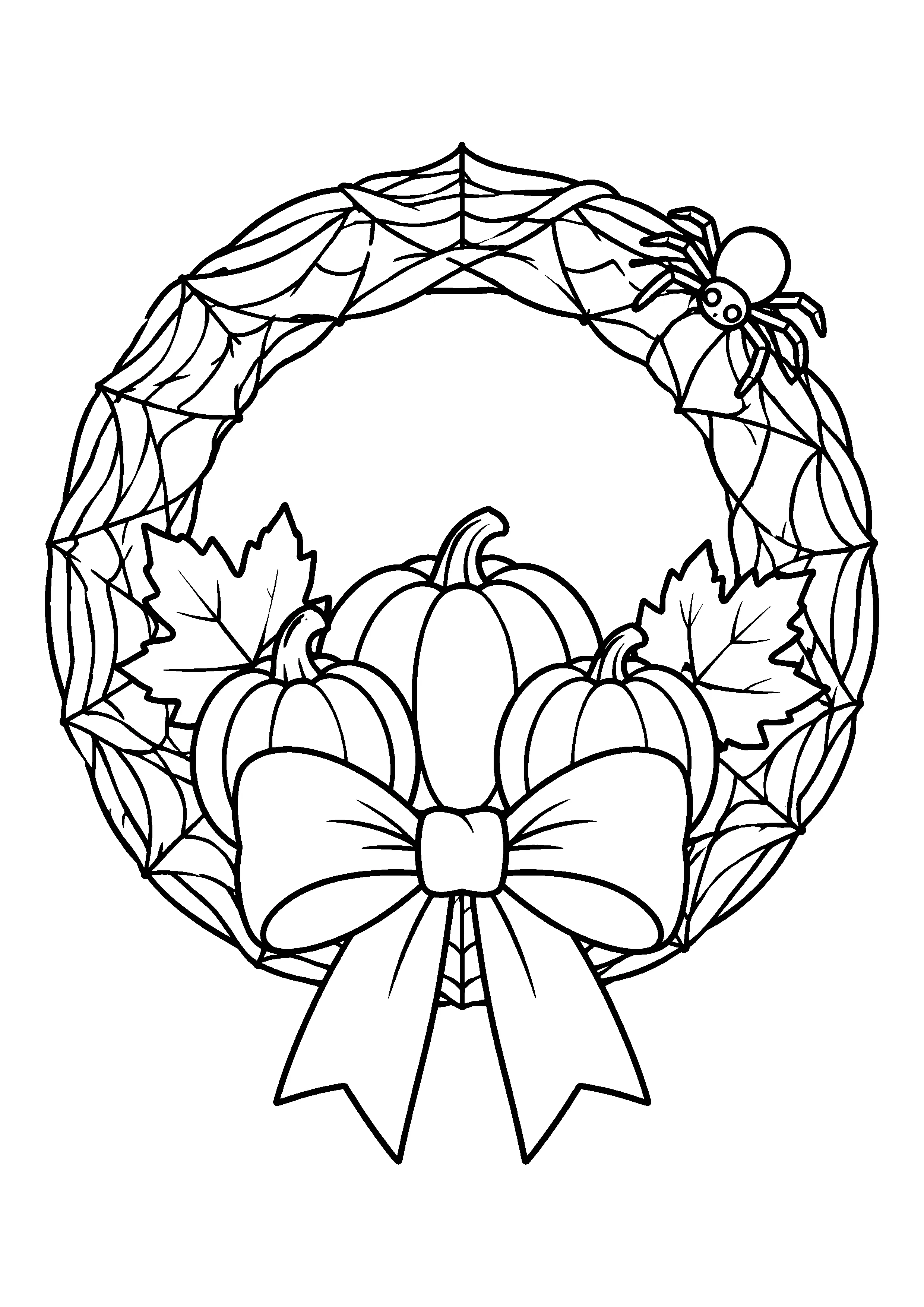 Spiderweb wreath with pumpkins coloring page, printable line art