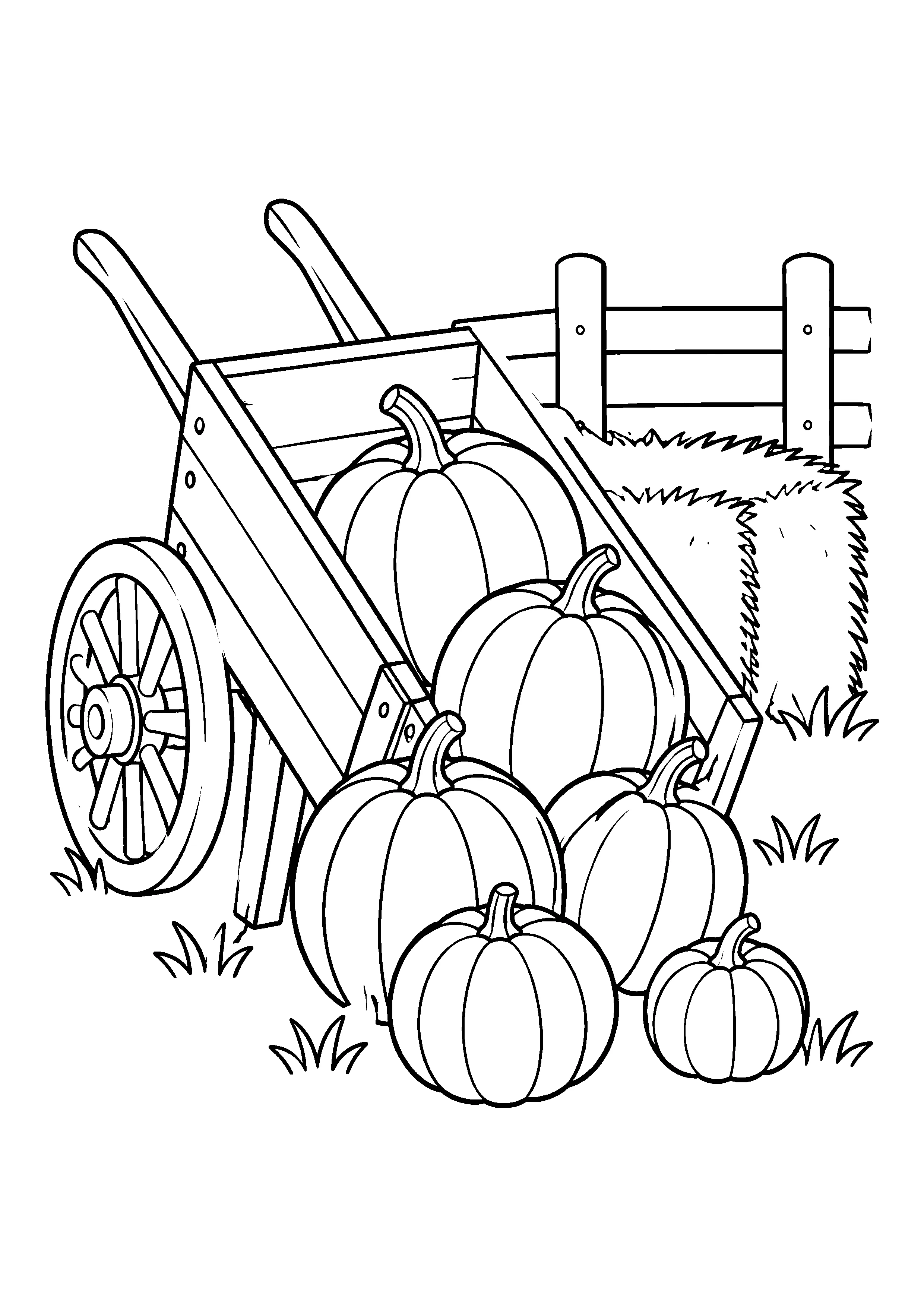 Wheelbarrow with six pumpkins coloring page, printable line art