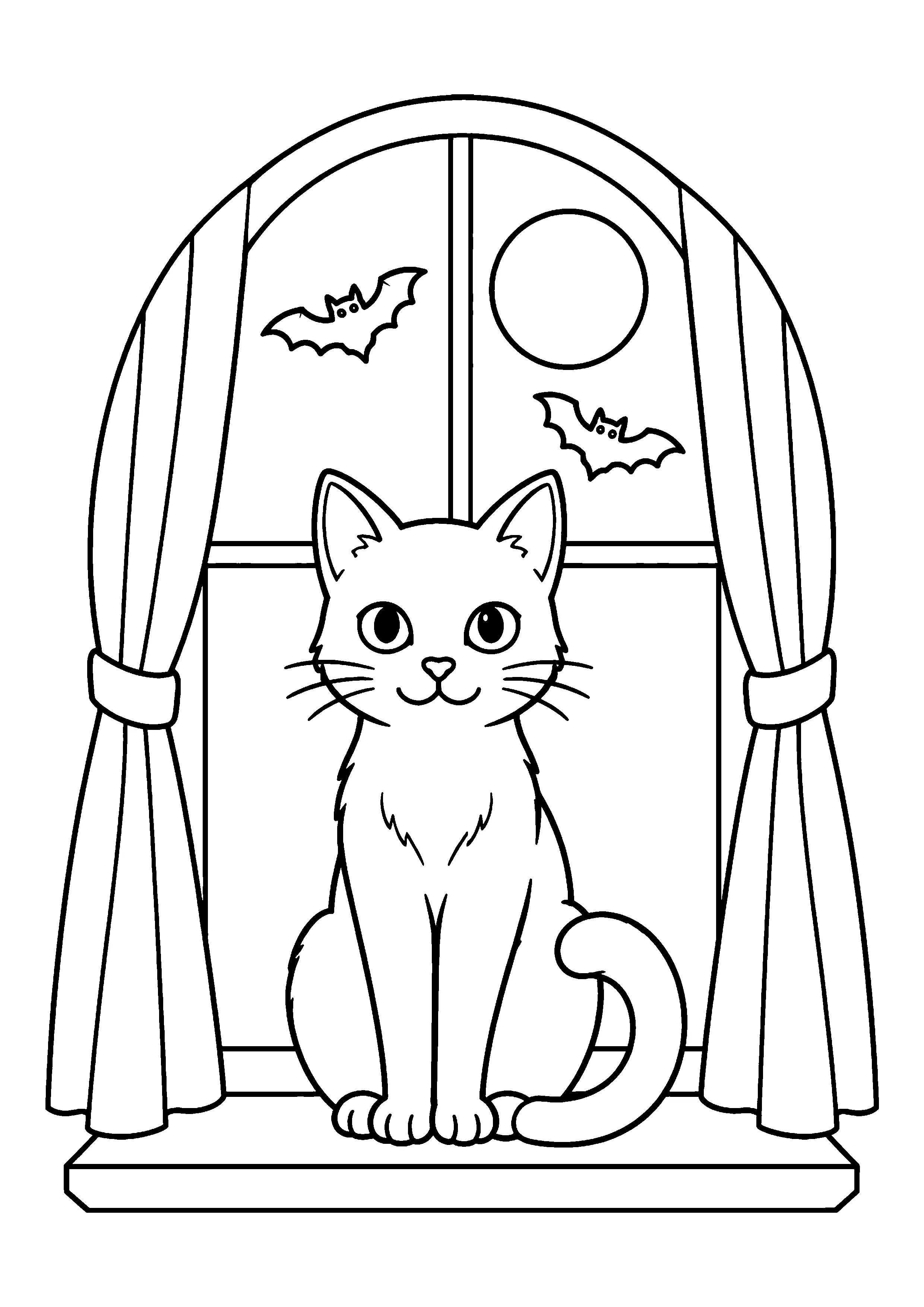 Black cat on windowsill with bats coloring page, printable line art