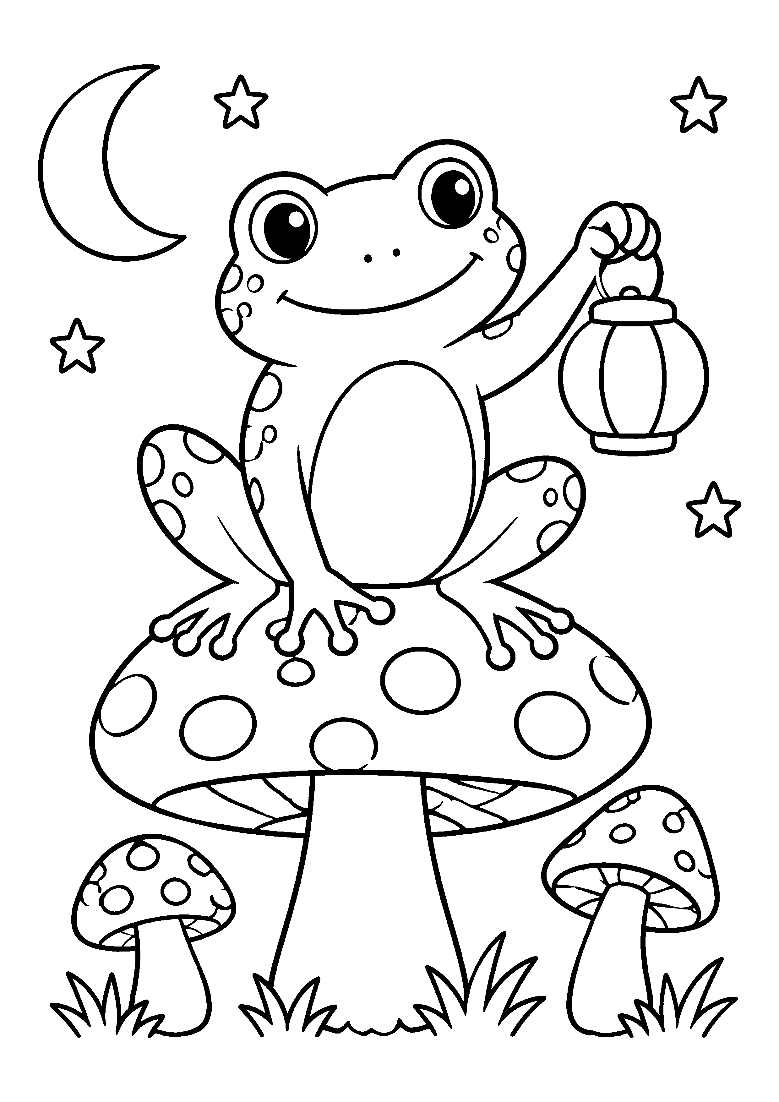 Frog on toadstool with lantern coloring page, printable line art