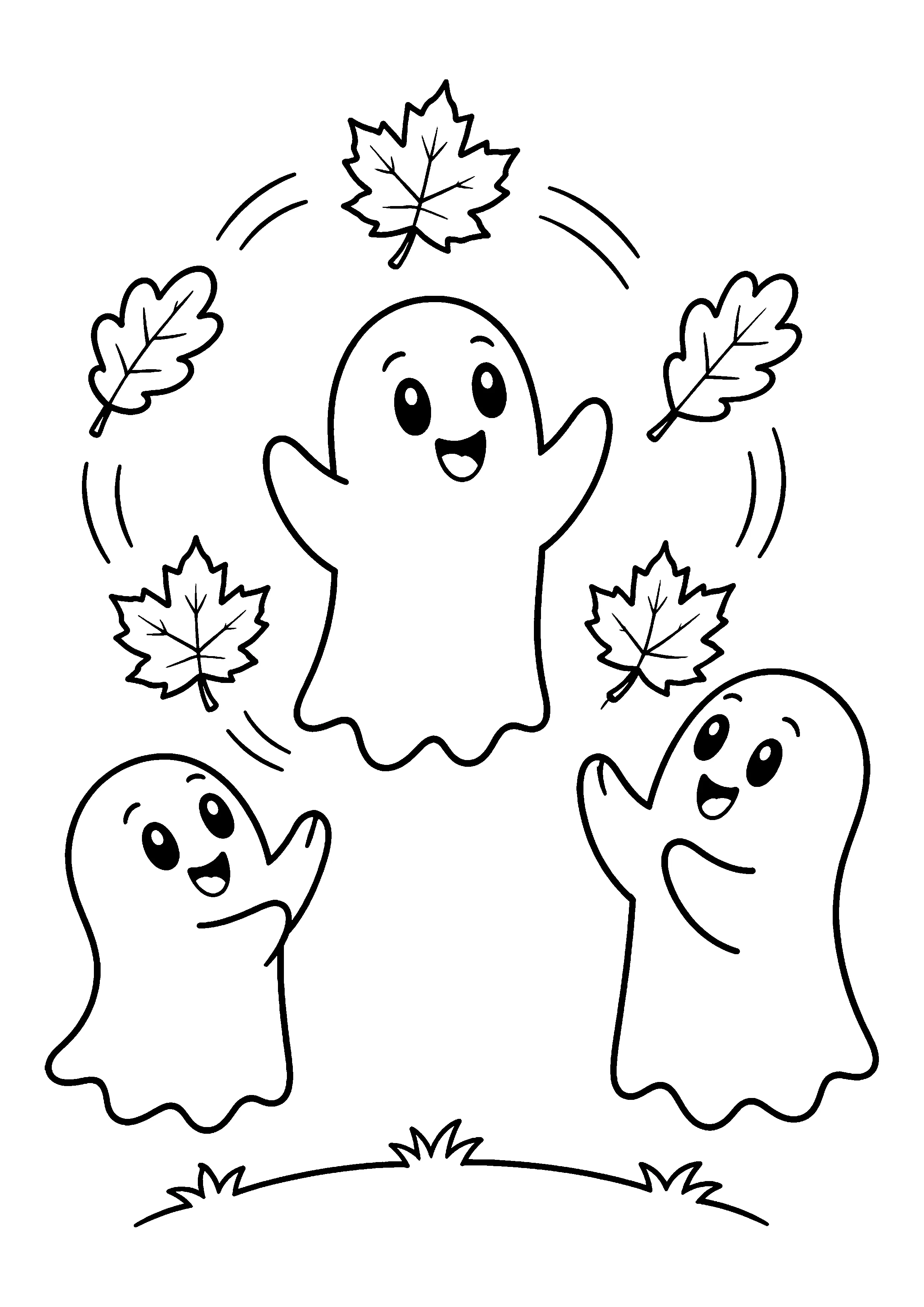 Three ghosts tossing autumn leaves coloring page, printable line art