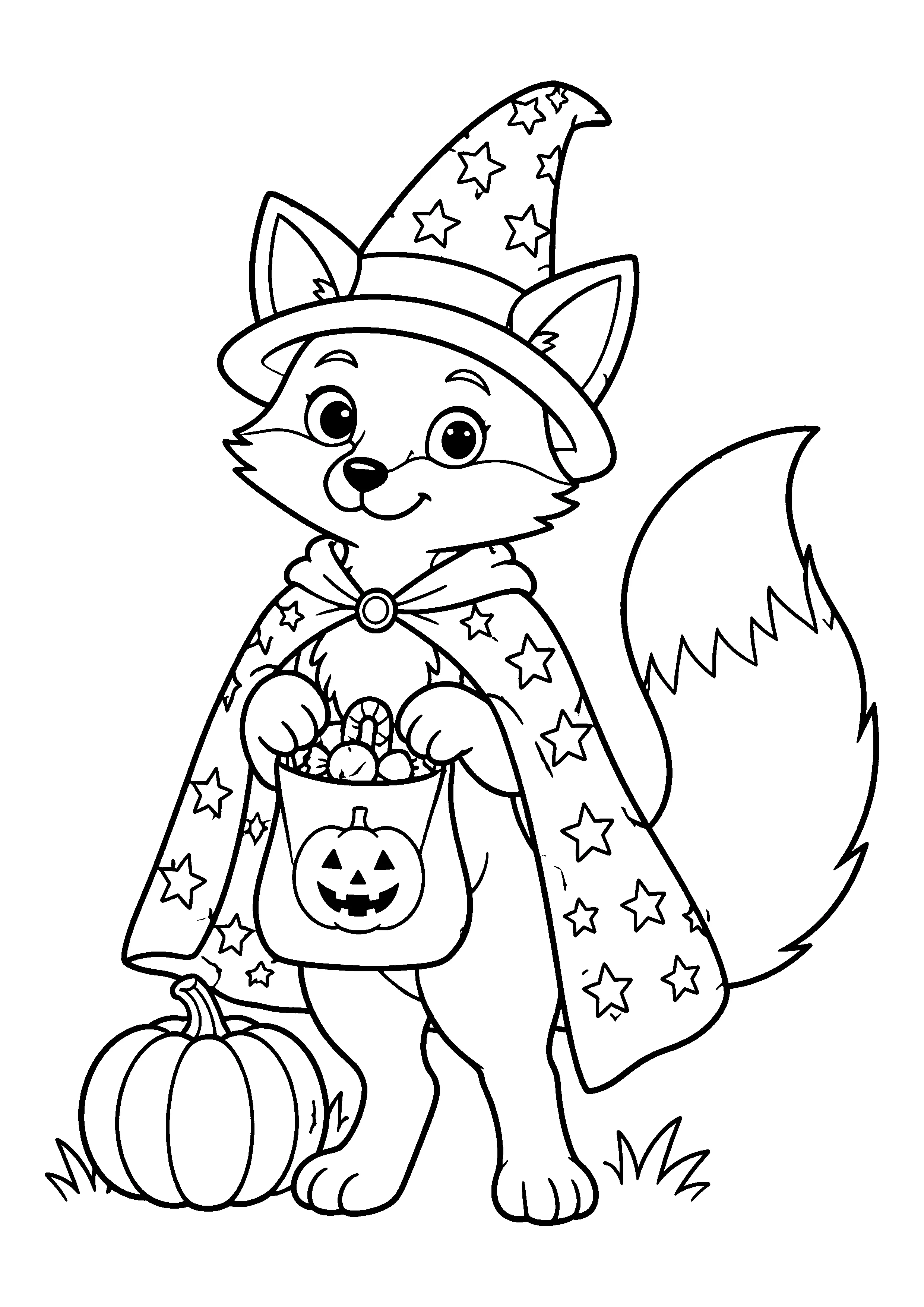 Fox in witch hat coloring page, printable line art