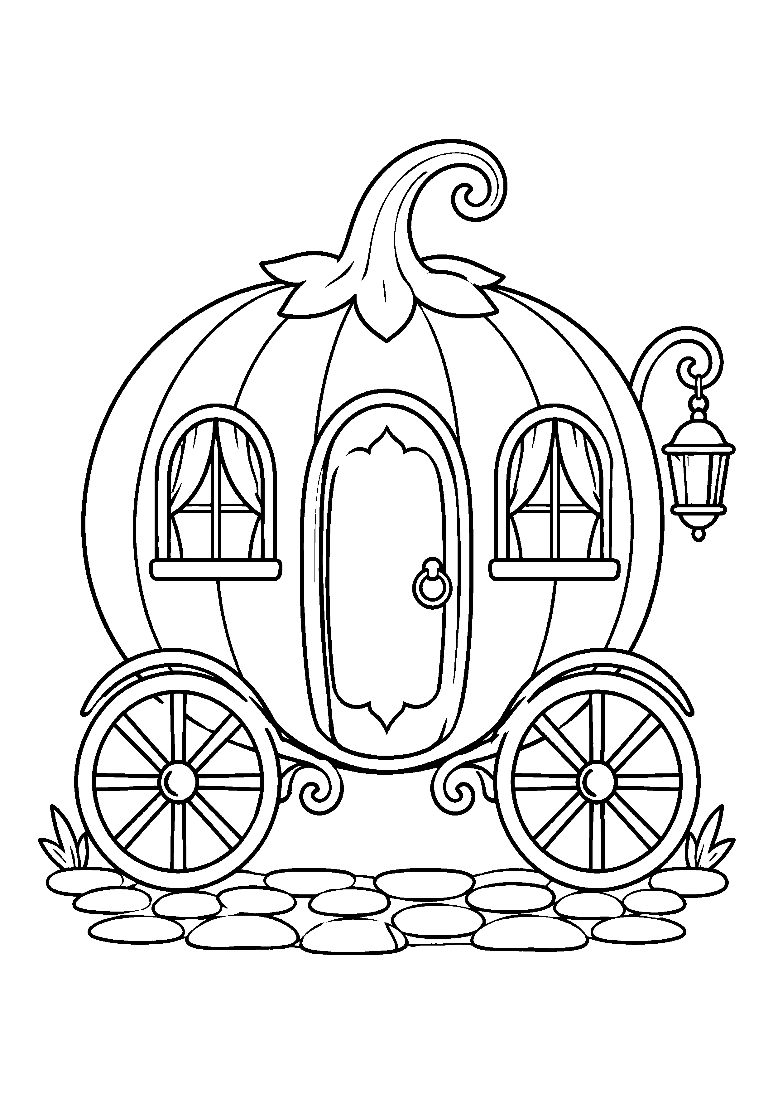 Pumpkin carriage with lantern coloring page, printable line art