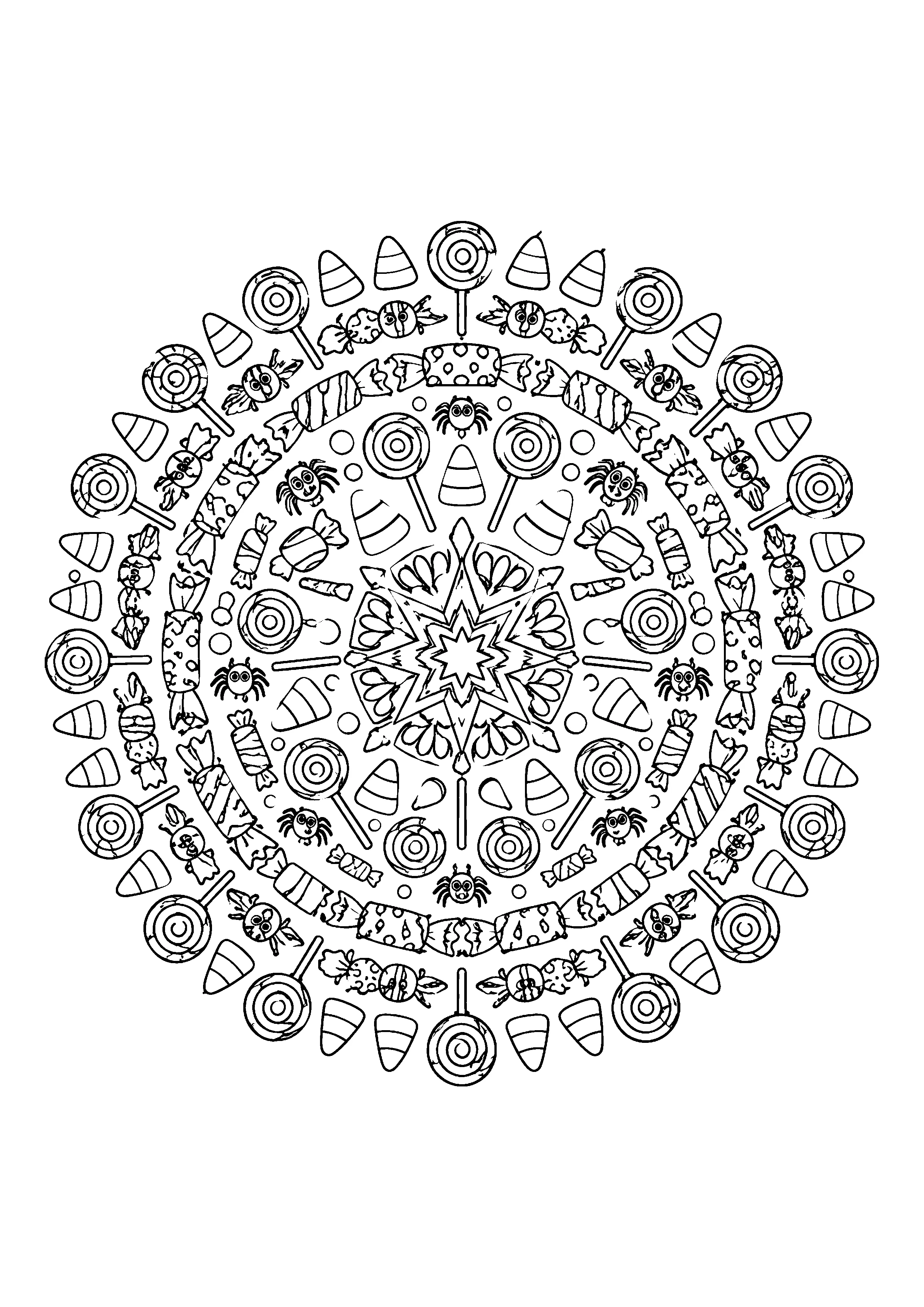 Halloween candy mandala coloring page, printable line art