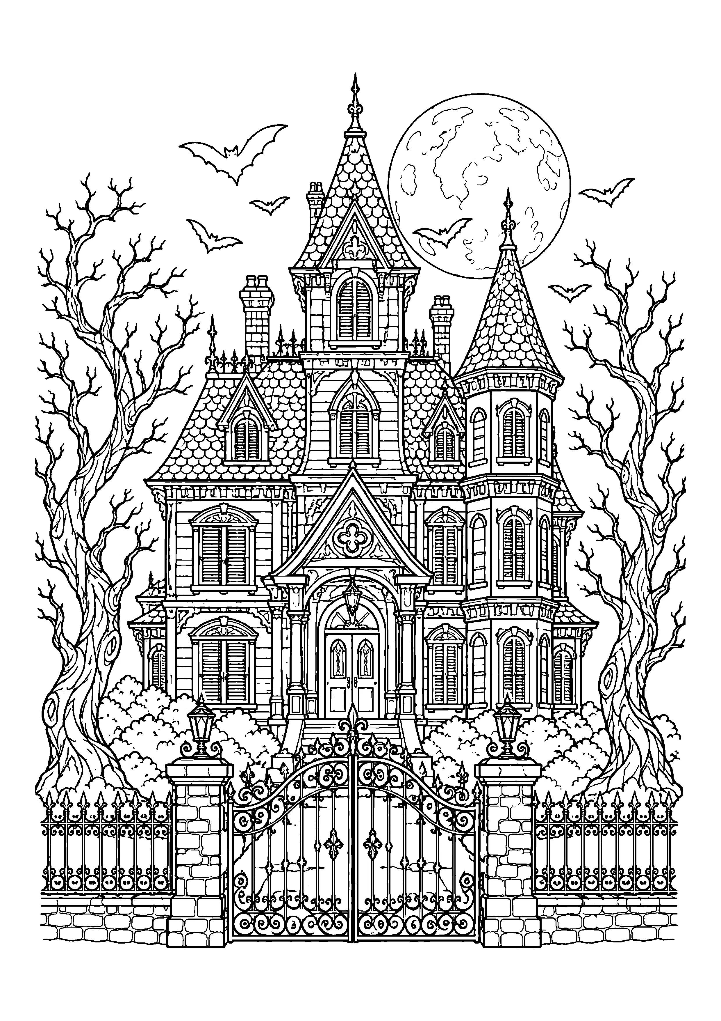 Haunted manor behind iron gate coloring page, printable line art