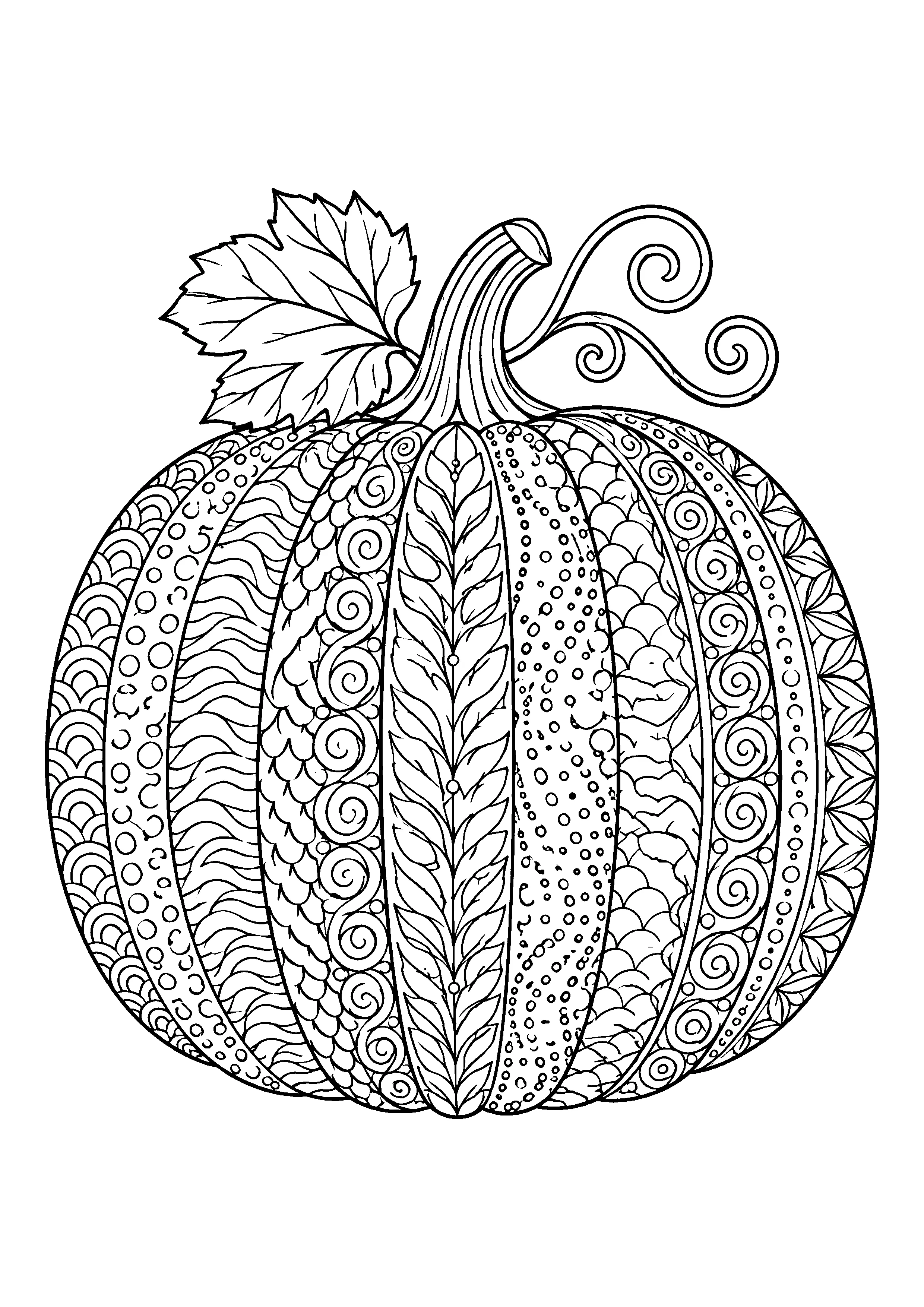 Zentangle pumpkin with leaf coloring page, printable line art