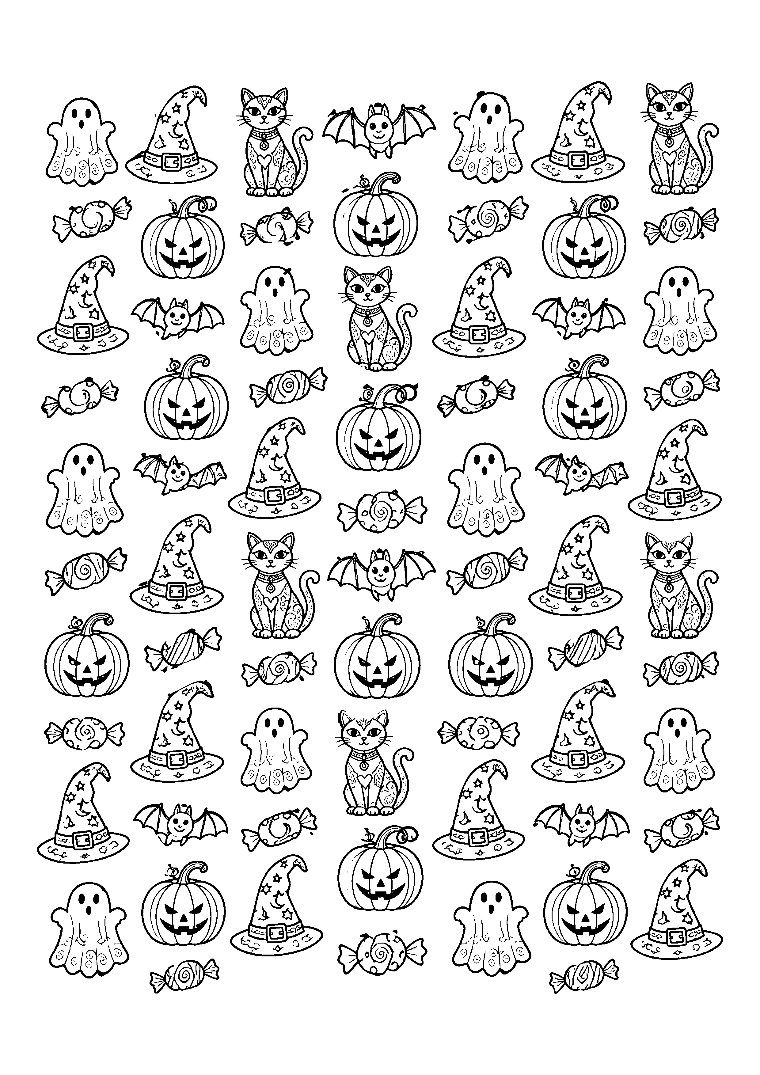 Ghost and pumpkin pattern coloring page, printable line art