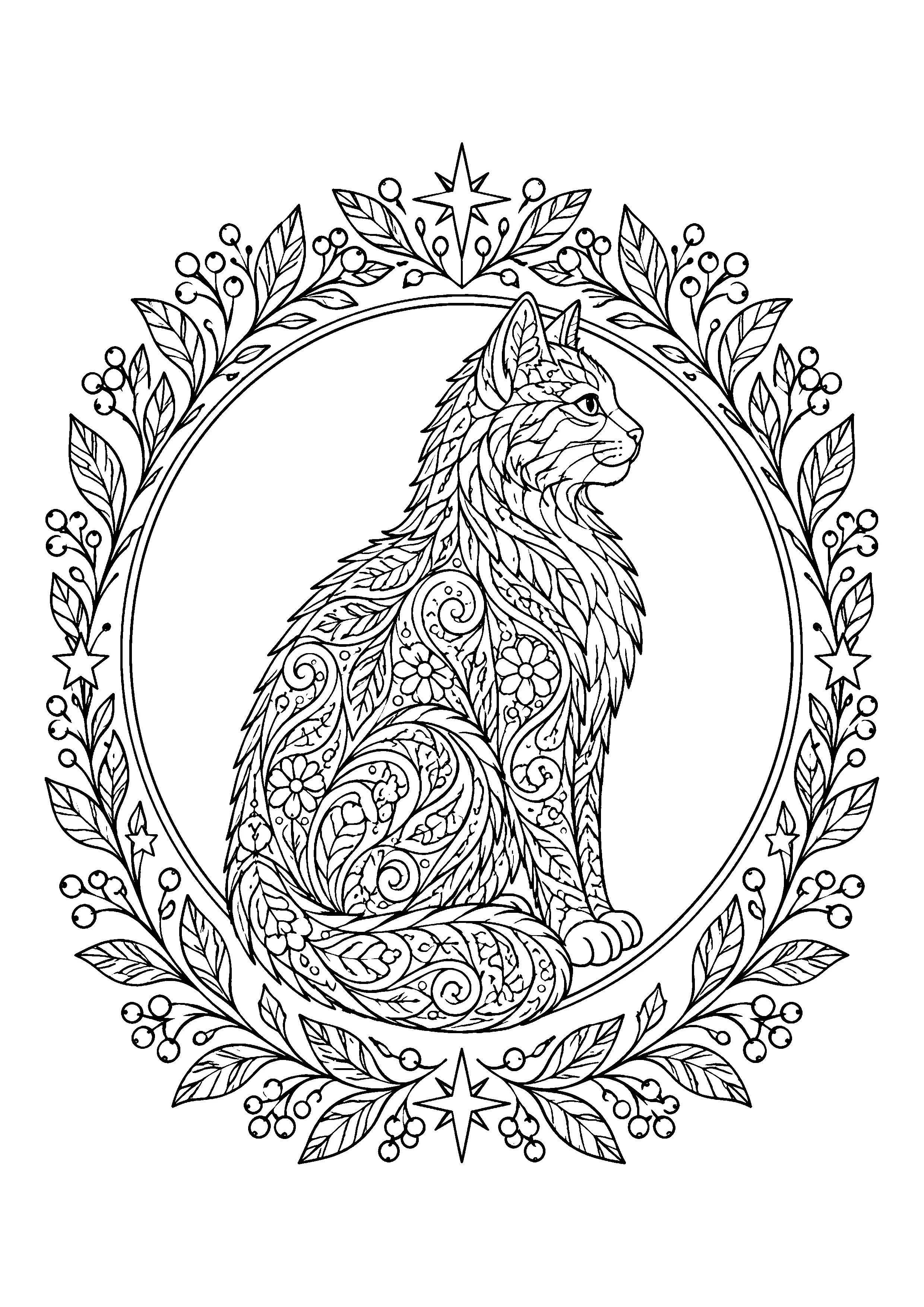 Cat in leaf and berry wreath coloring page, printable line art