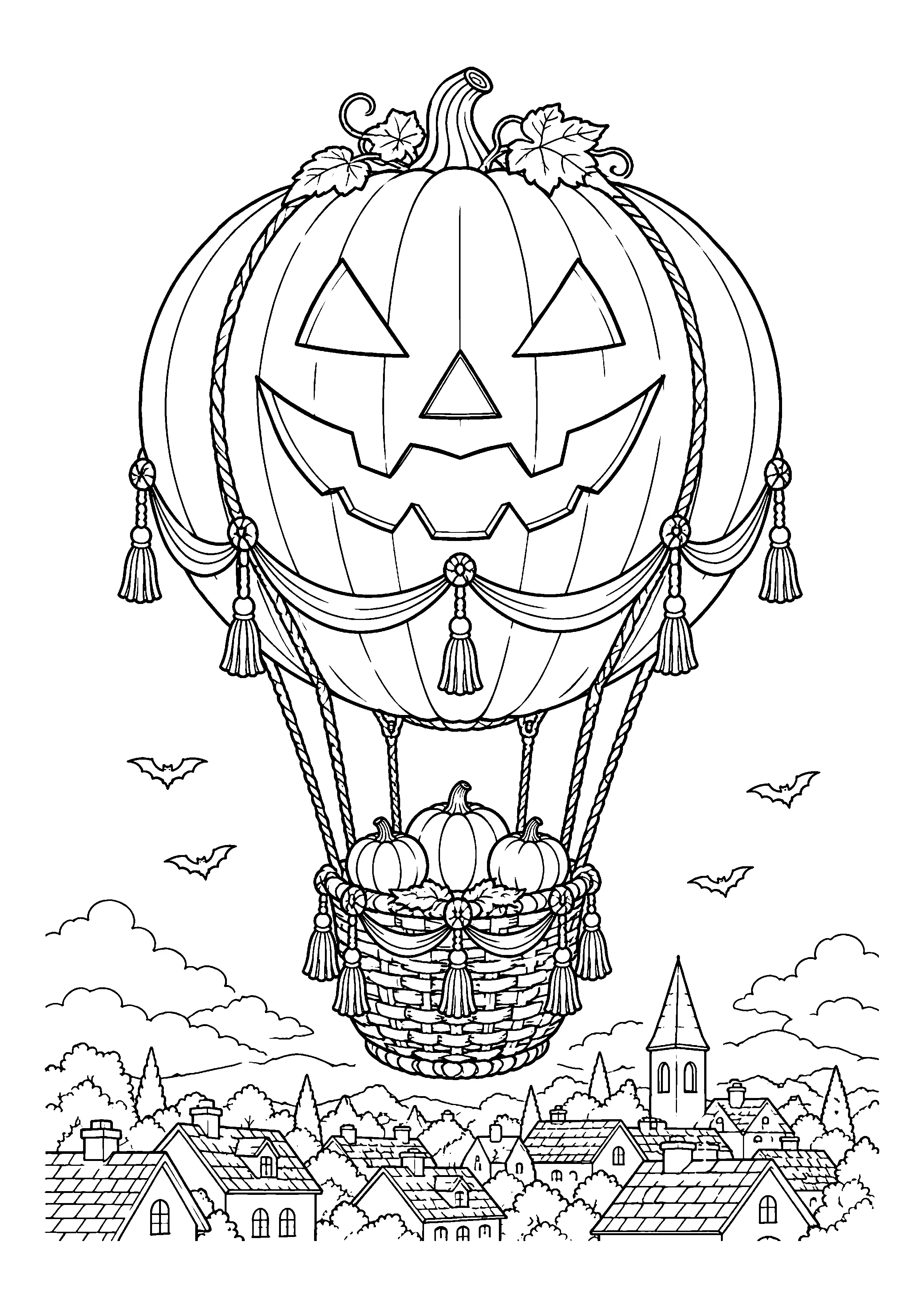 Pumpkin hot air balloon over village coloring page, printable line art