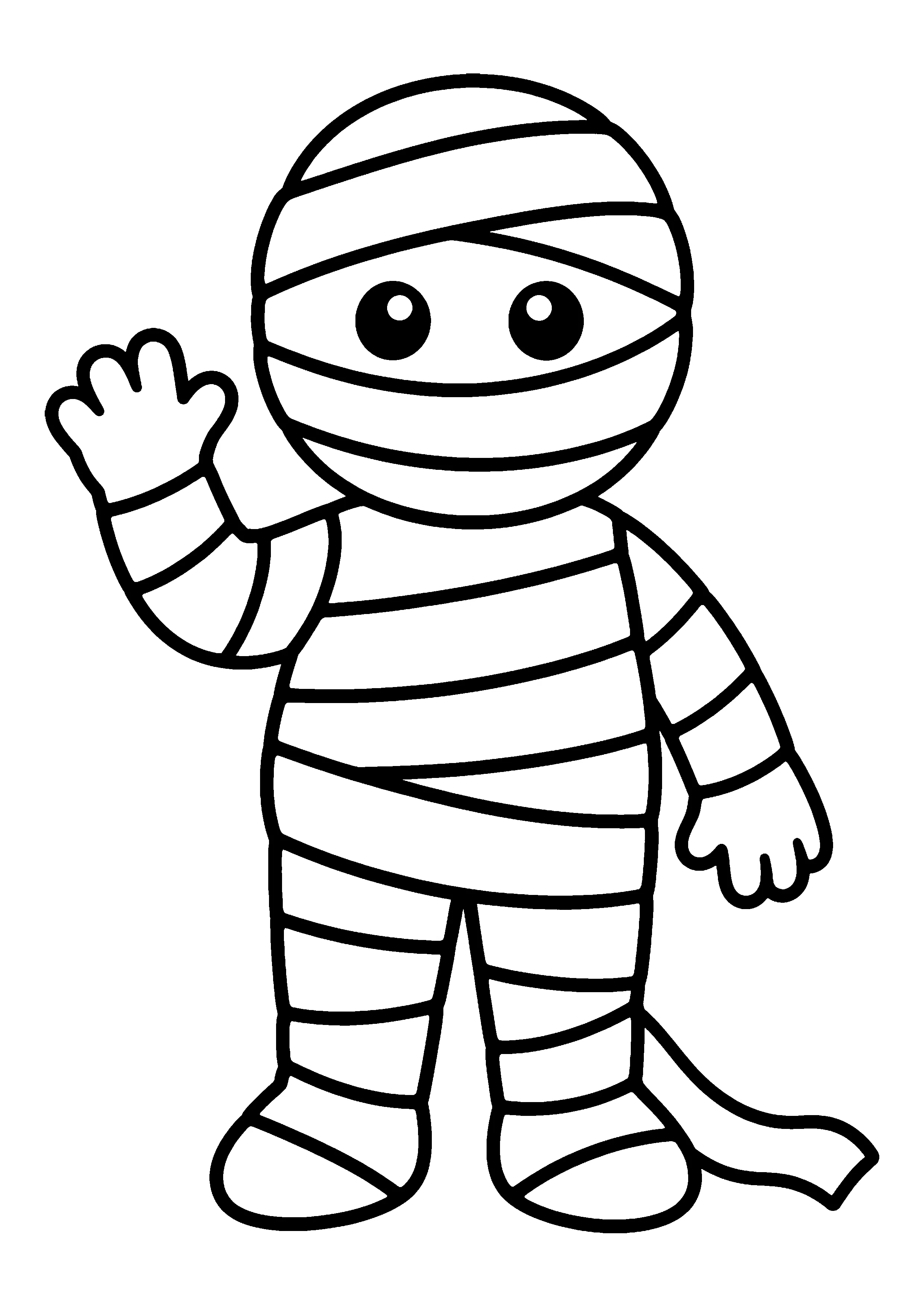 Friendly mummy waving coloring page, printable line art