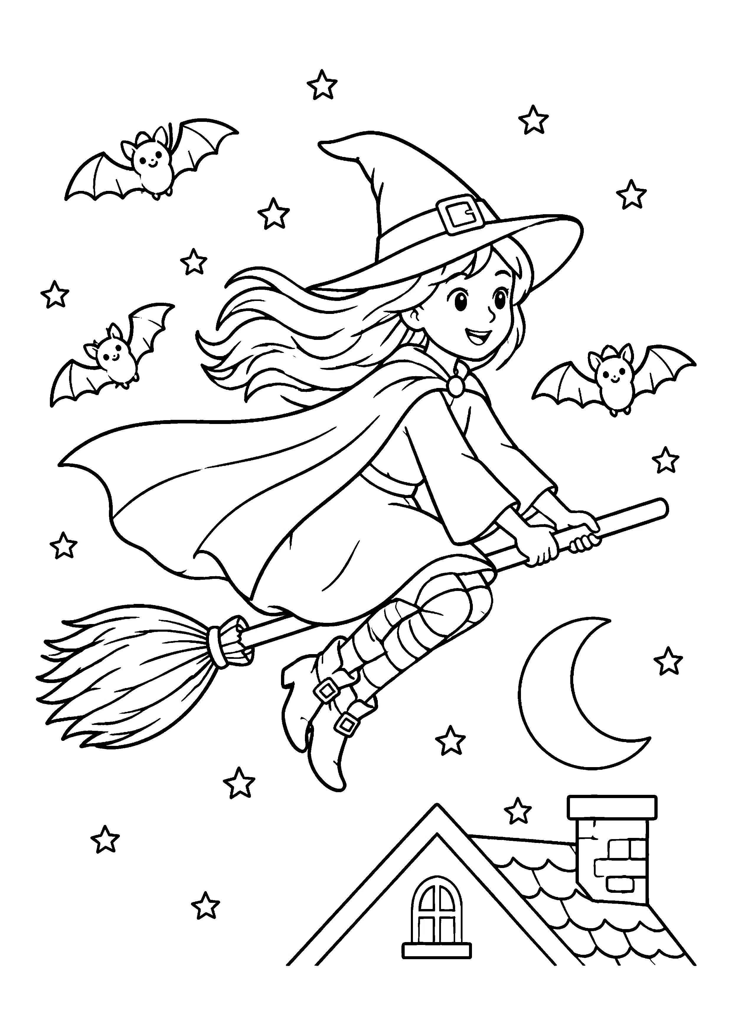 Witch flying over rooftop coloring page, printable line art
