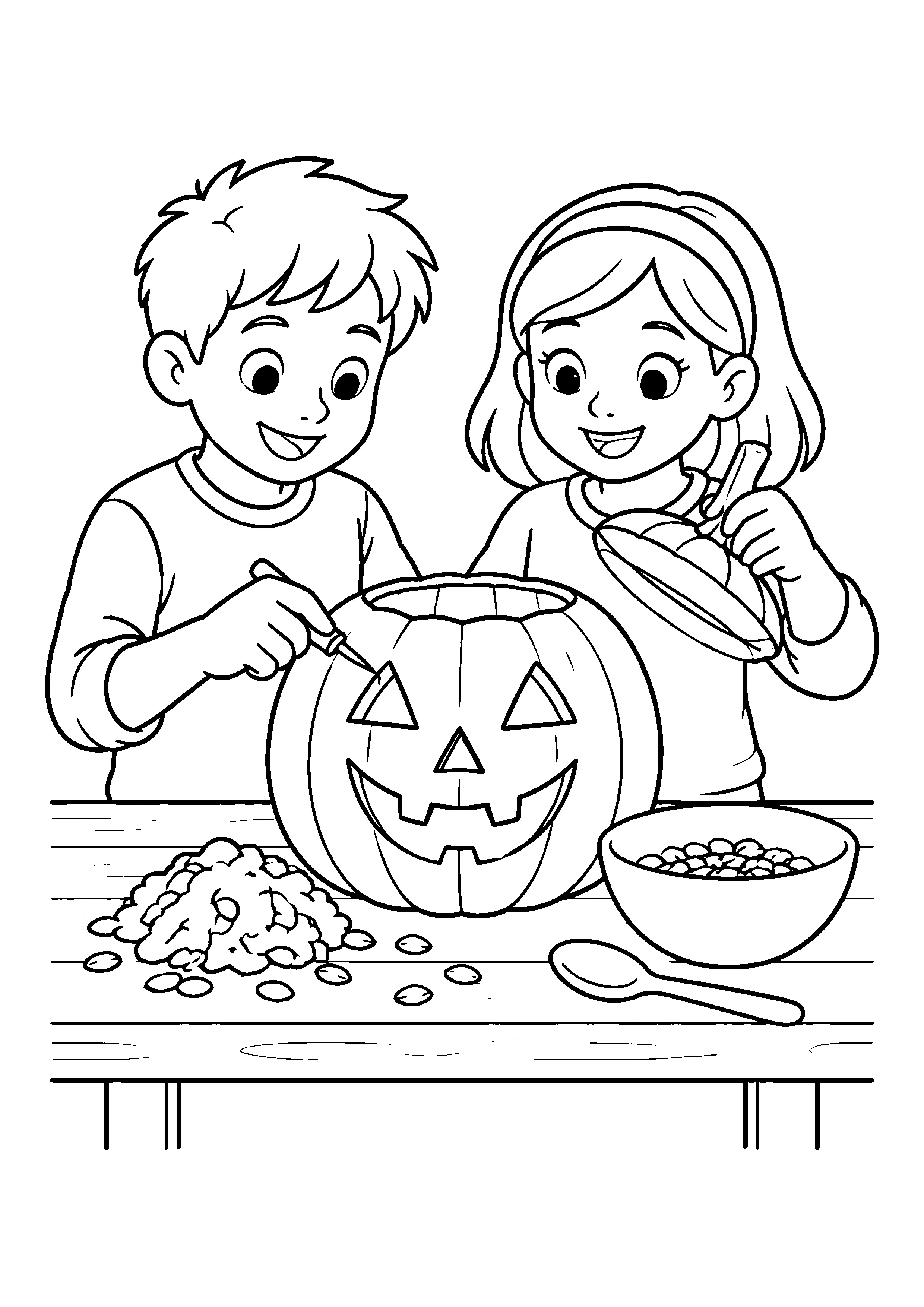 Children carving a pumpkin coloring page, printable line art
