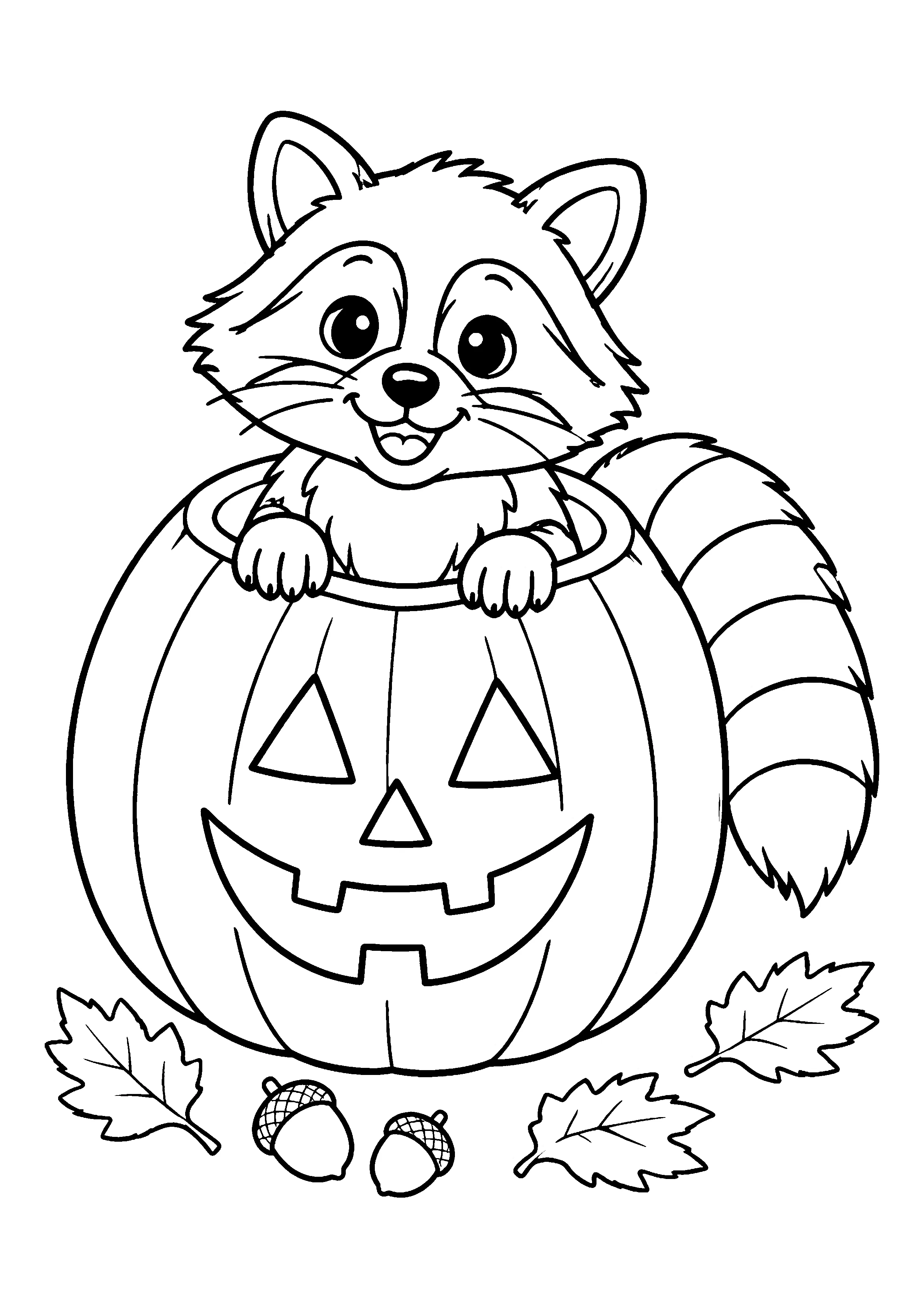 Raccoon in carved pumpkin coloring page, printable line art