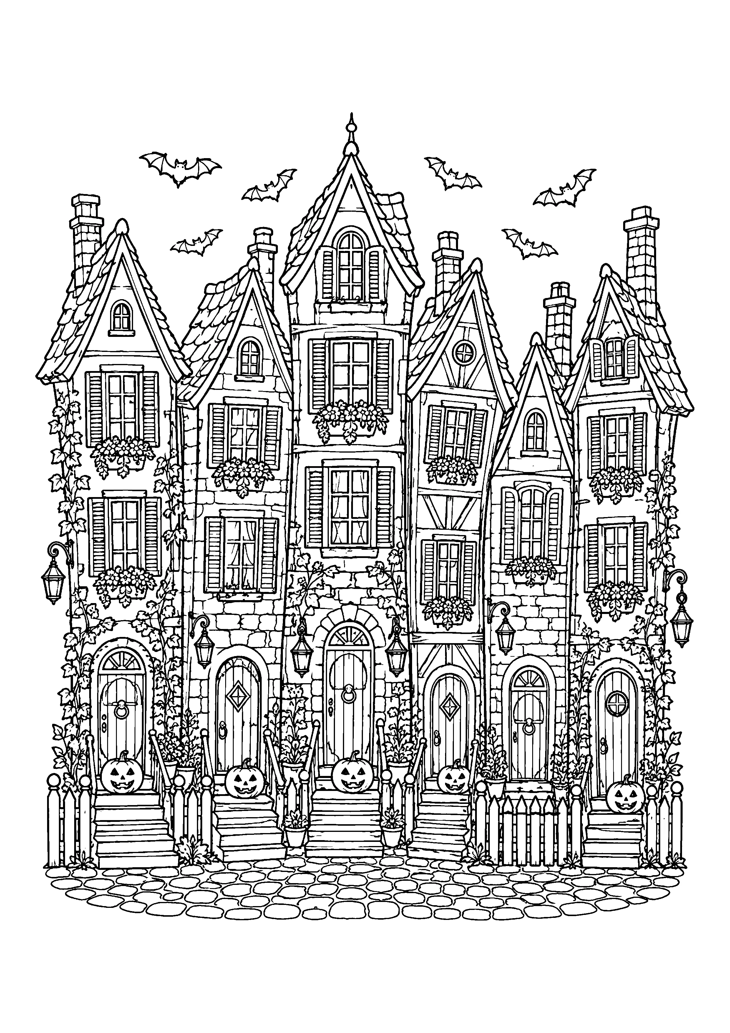 Crooked Halloween street coloring page, printable line art