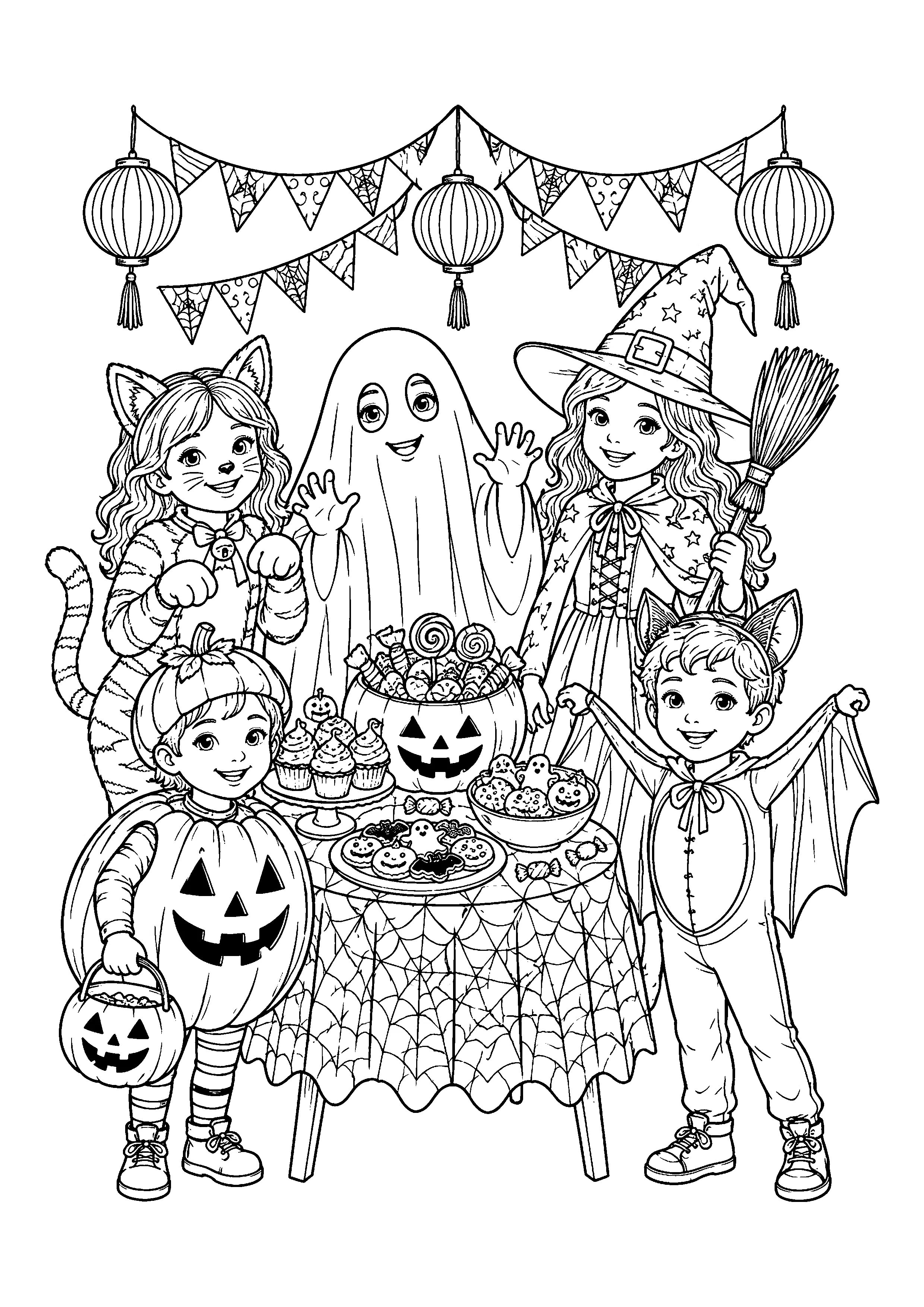 Kids in Halloween costumes coloring page, printable line art