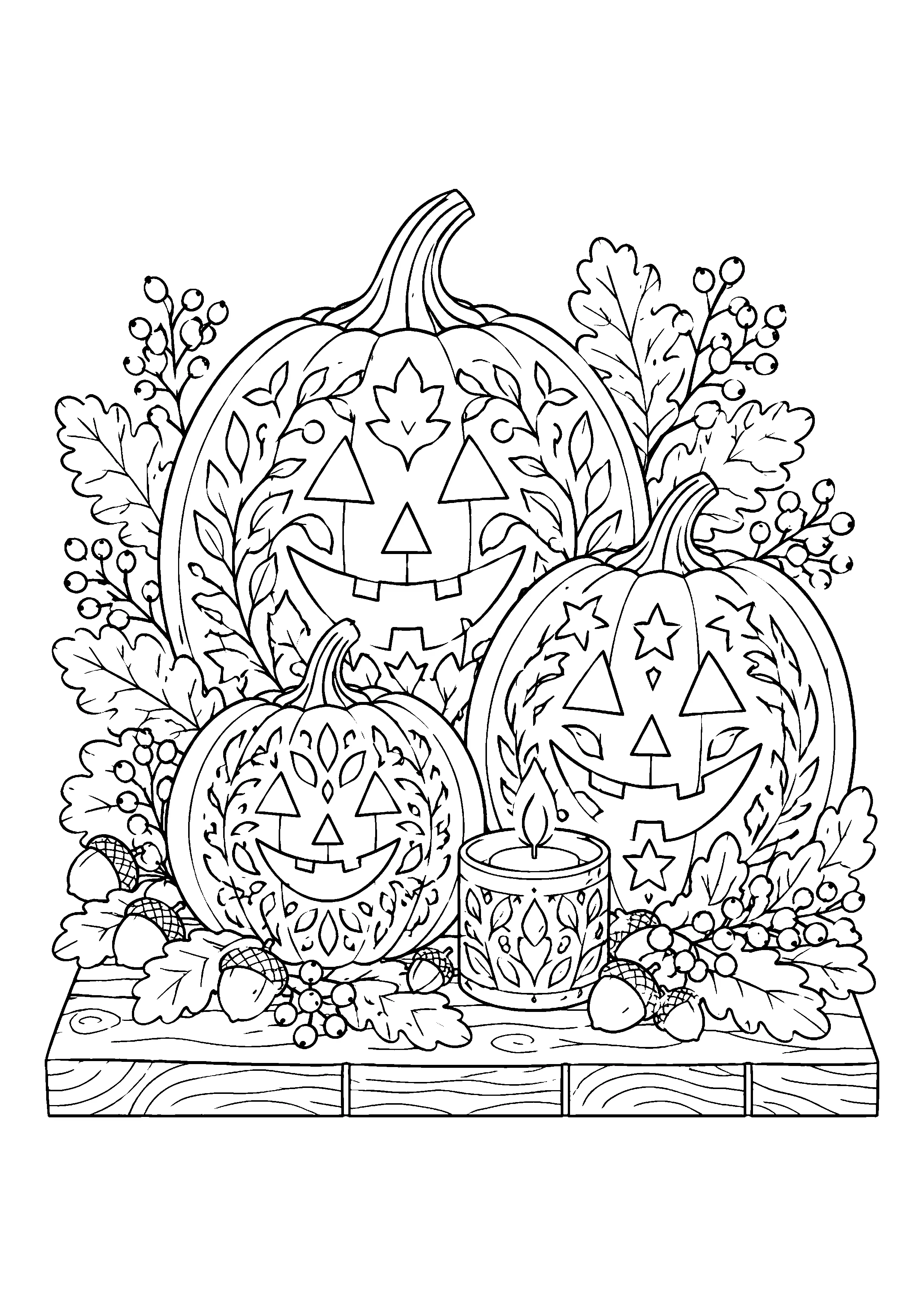 Three carved pumpkins on plank table coloring page, printable line art