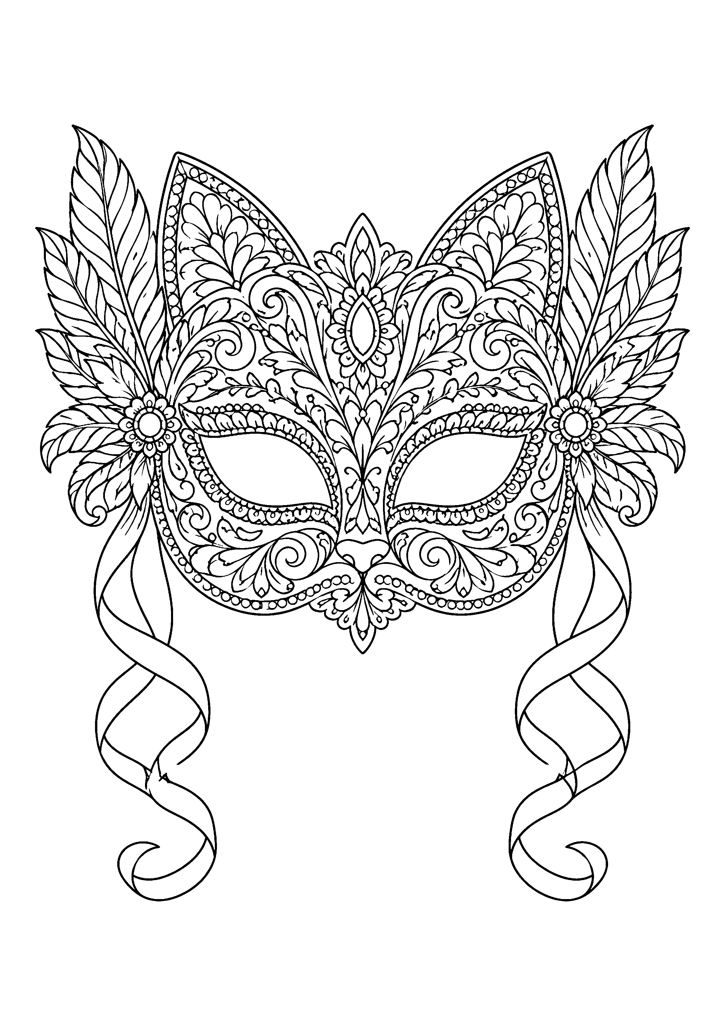 Ornate masquerade cat mask coloring page, printable line art