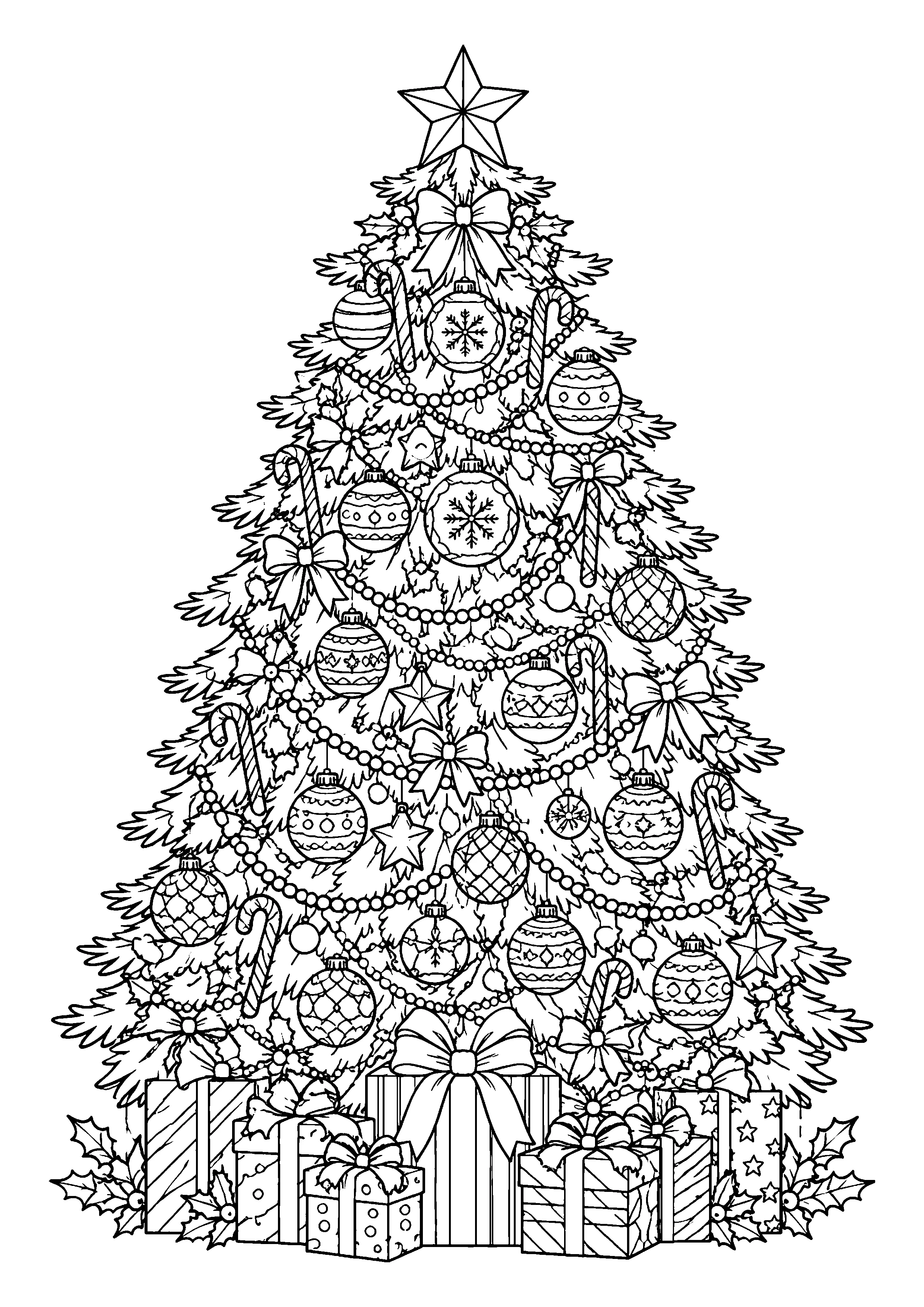 Christmas tree with gifts coloring page, printable line art