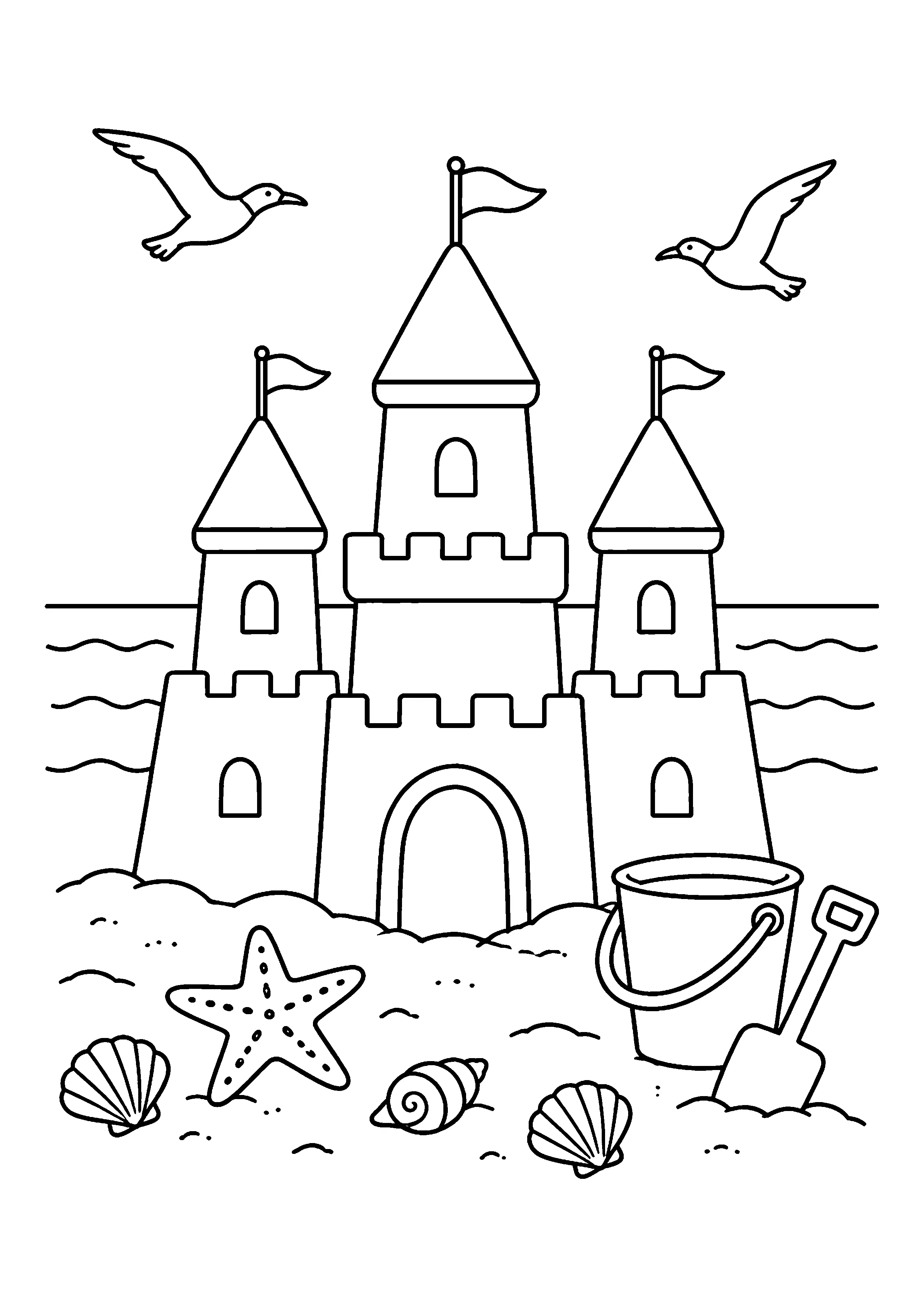 Summer holiday sandcastle coloring page, printable line art