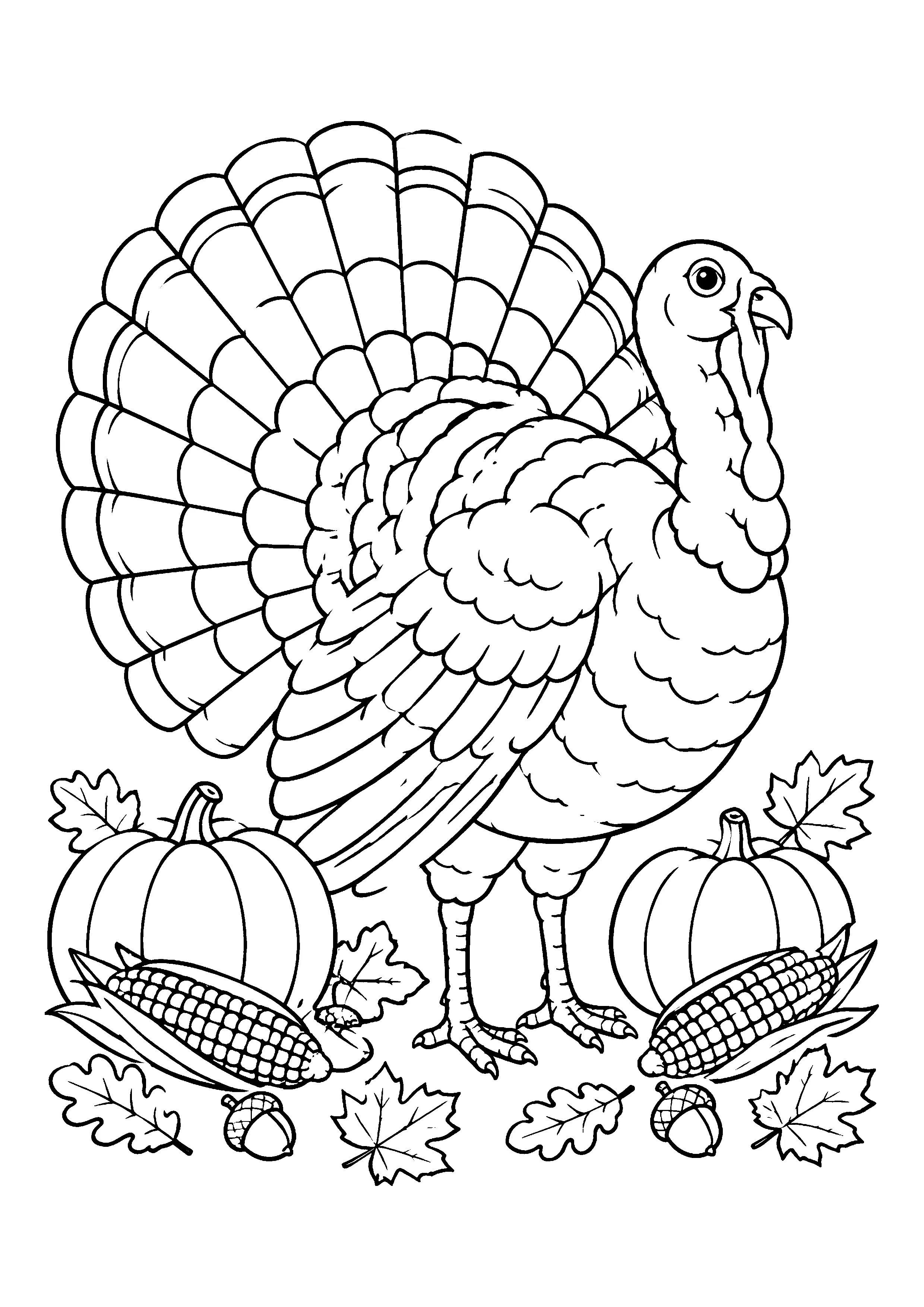 Thanksgiving turkey with pumpkins coloring page, printable line art