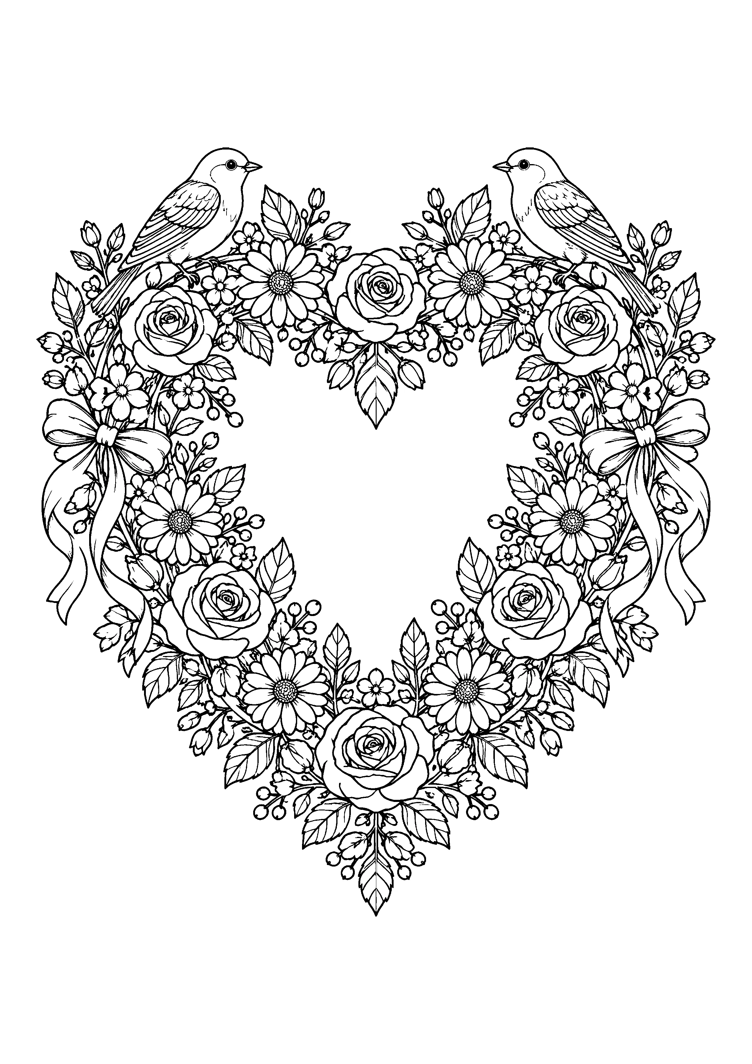 Heart wreath with two songbirds coloring page, printable line art