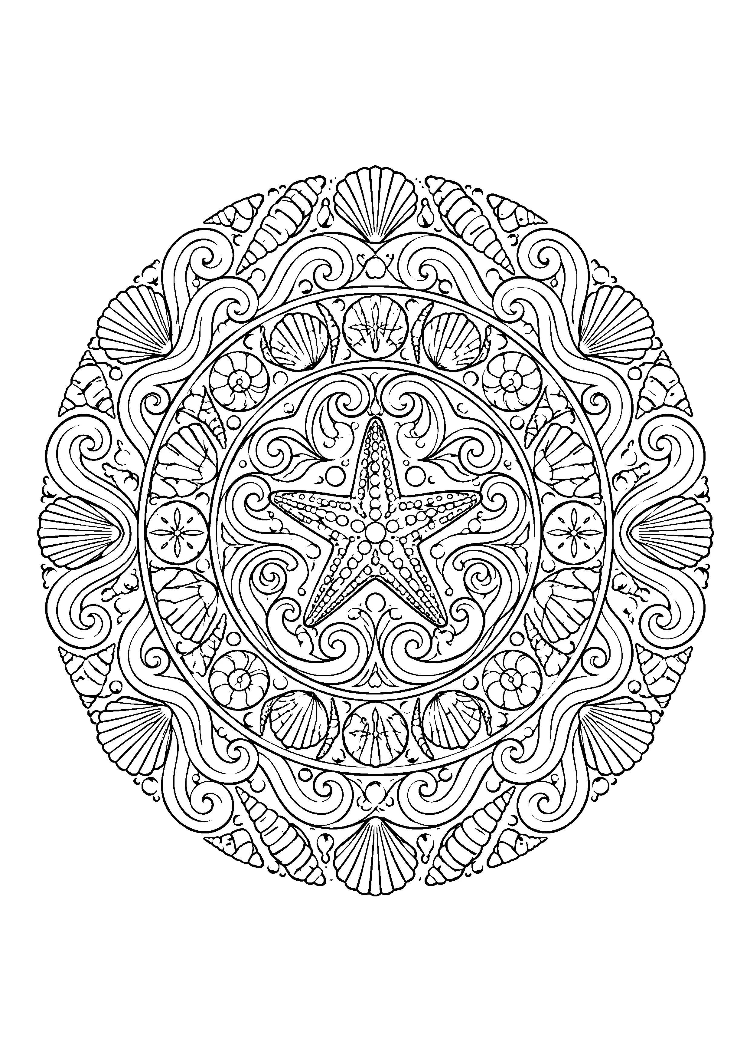 Ocean starfish mandala coloring page, printable line art