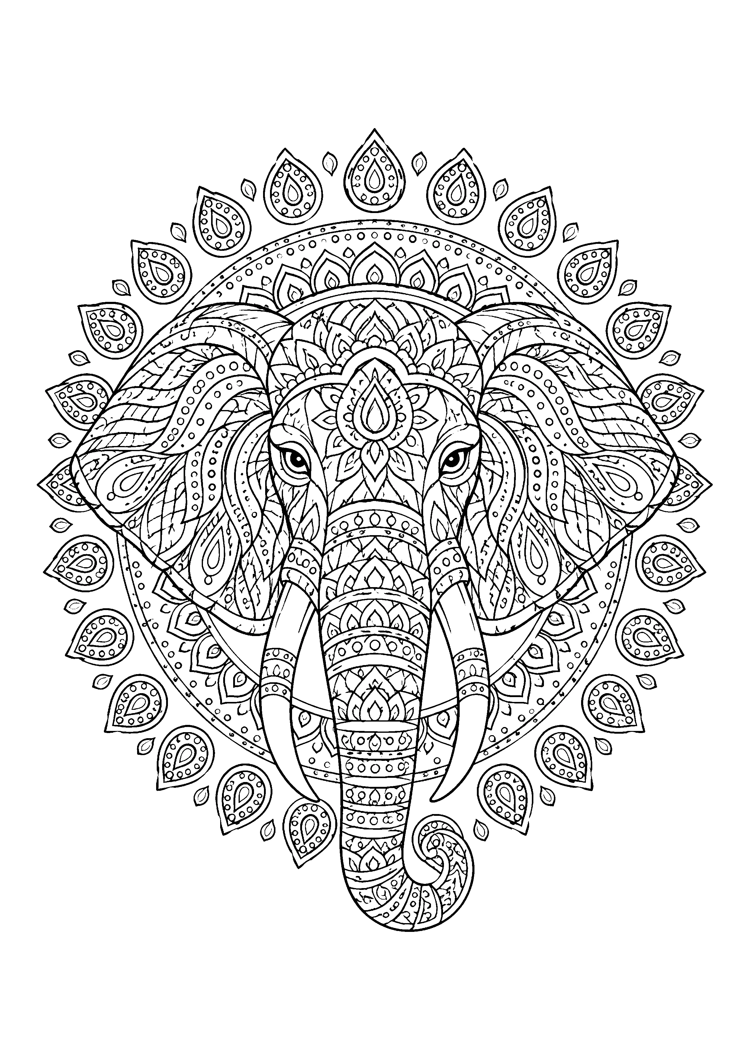 Elephant head mandala coloring page, printable line art