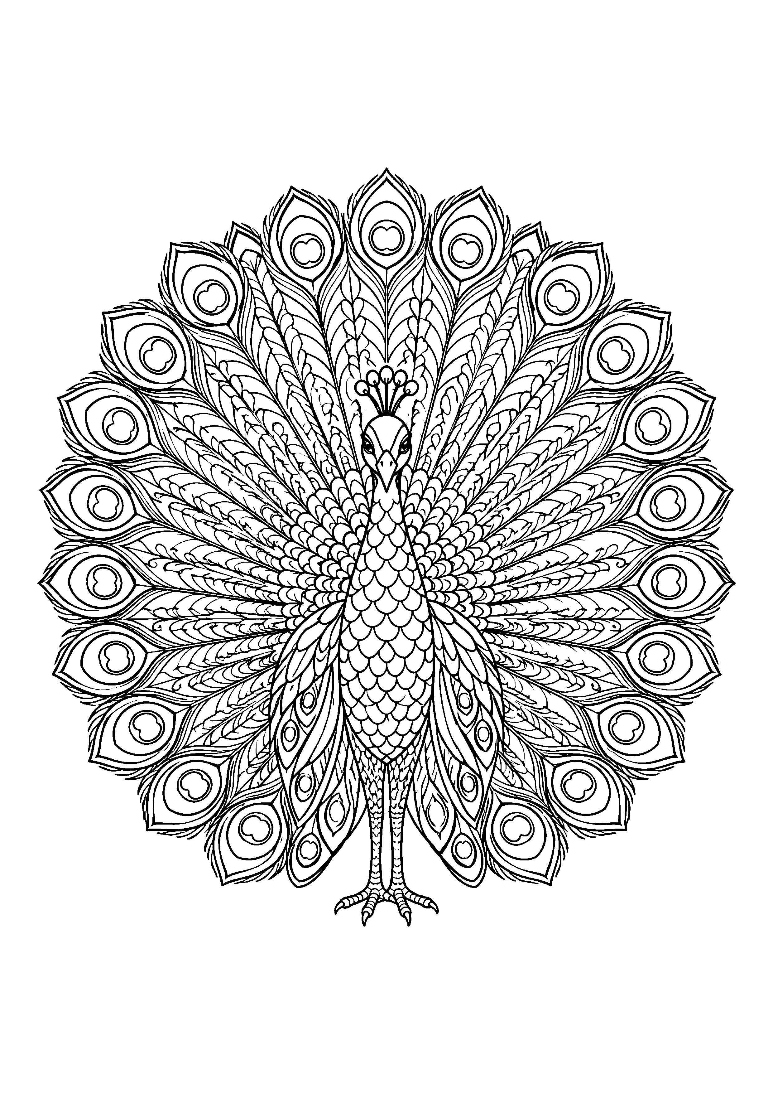 Peacock feather mandala coloring page, printable line art