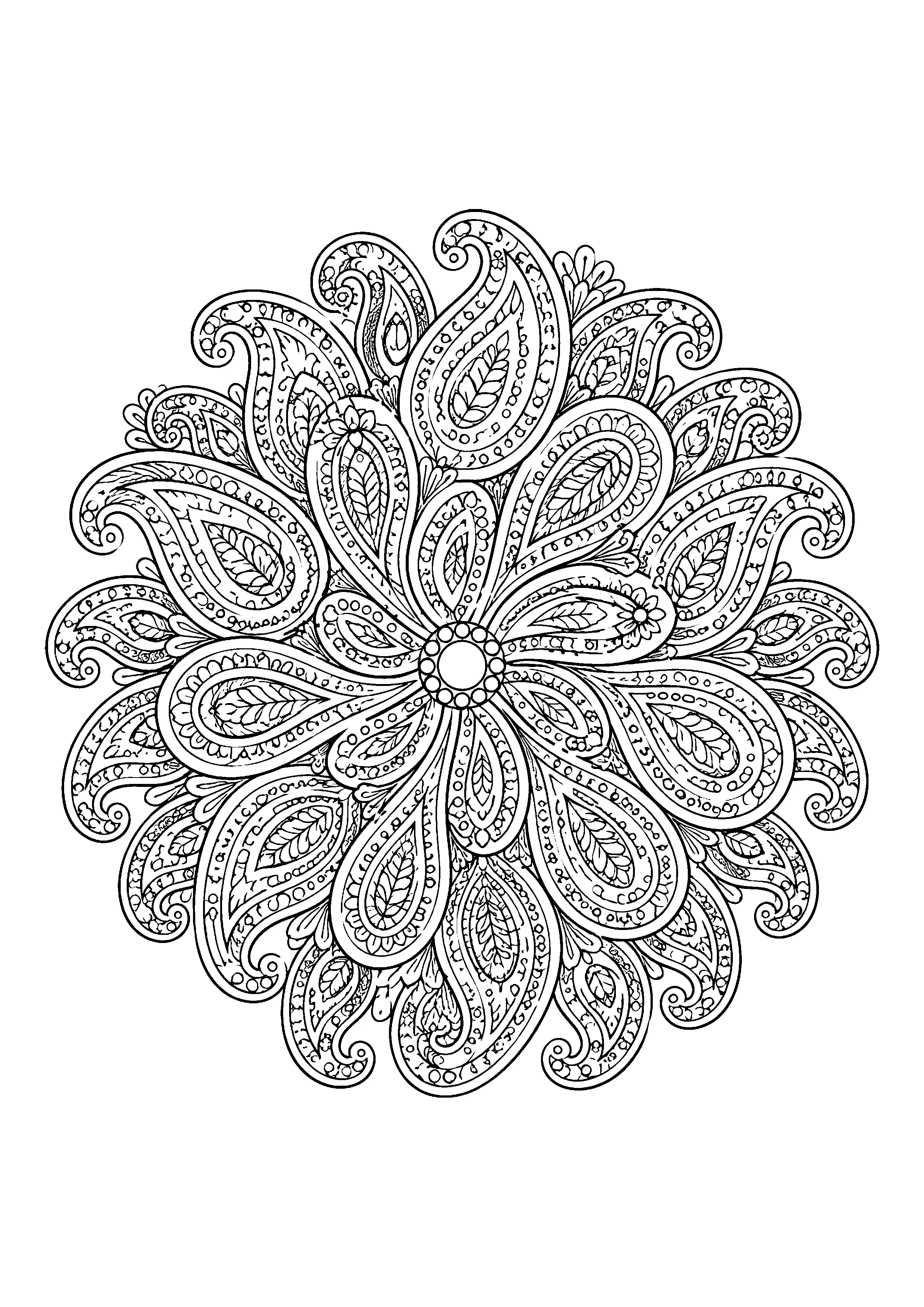 Paisley teardrop mandala coloring page, printable line art
