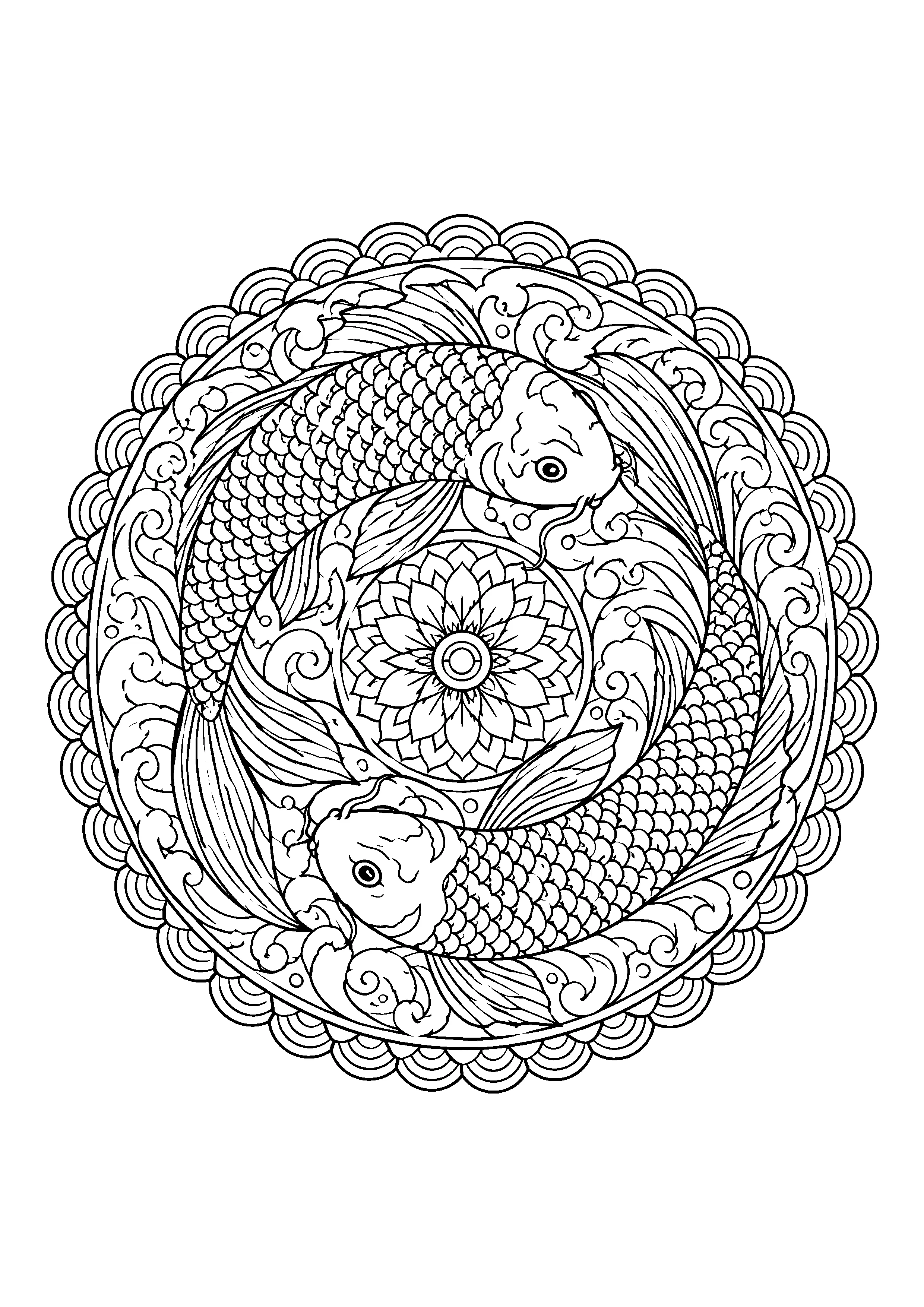 Koi fish mandala coloring page, printable line art