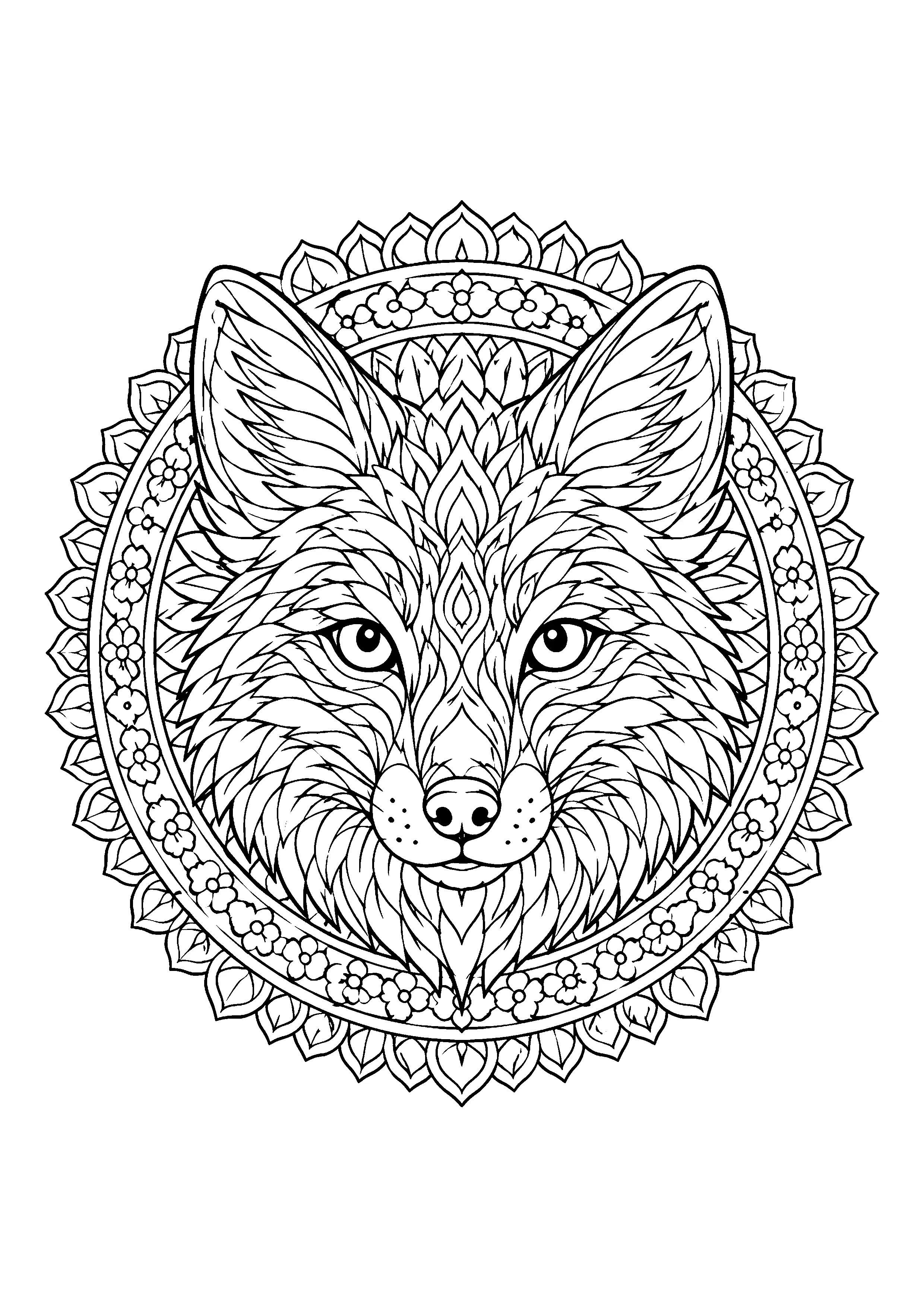 Fox face mandala coloring page, printable line art