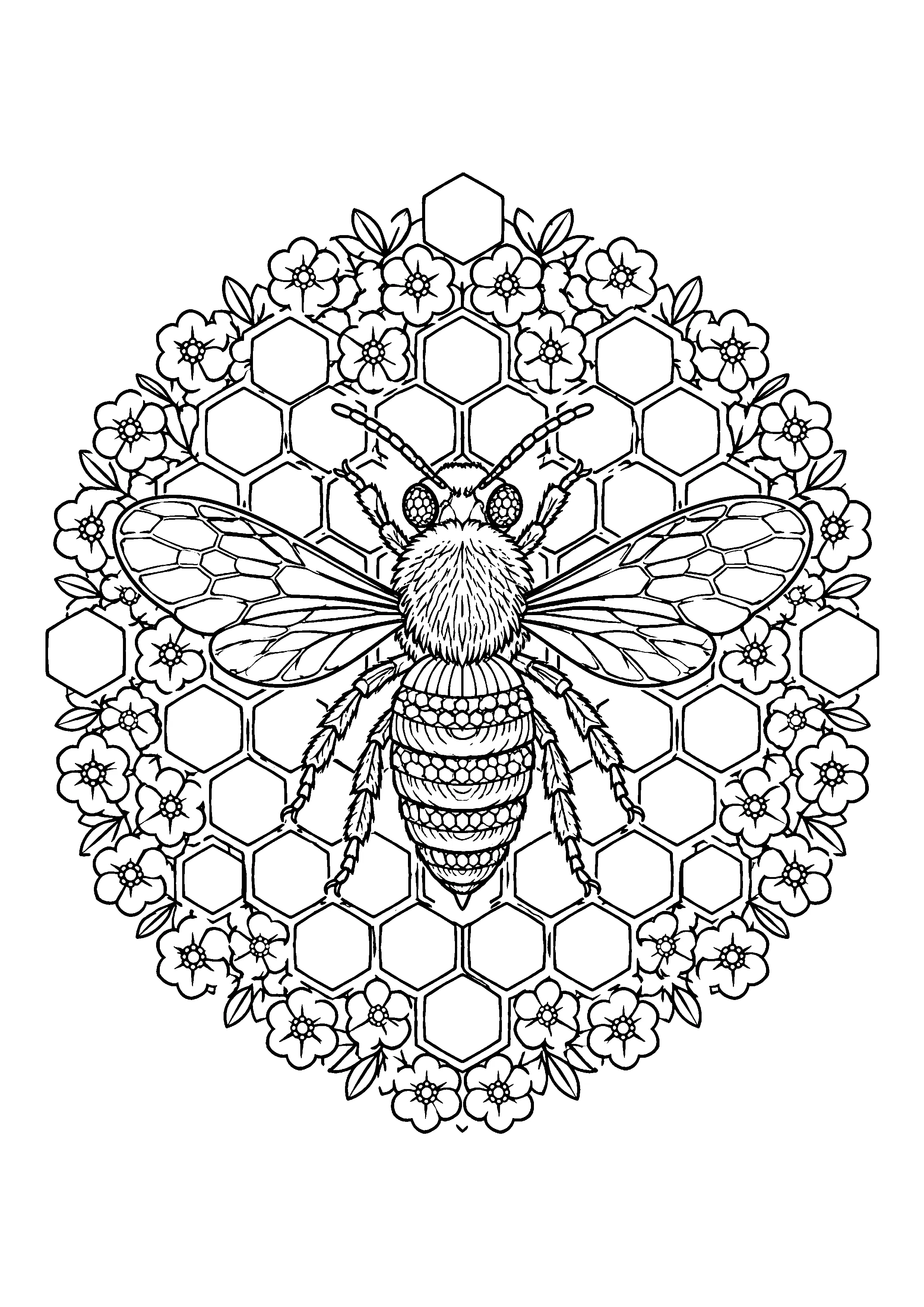 Honeybee on honeycomb mandala coloring page, printable line art