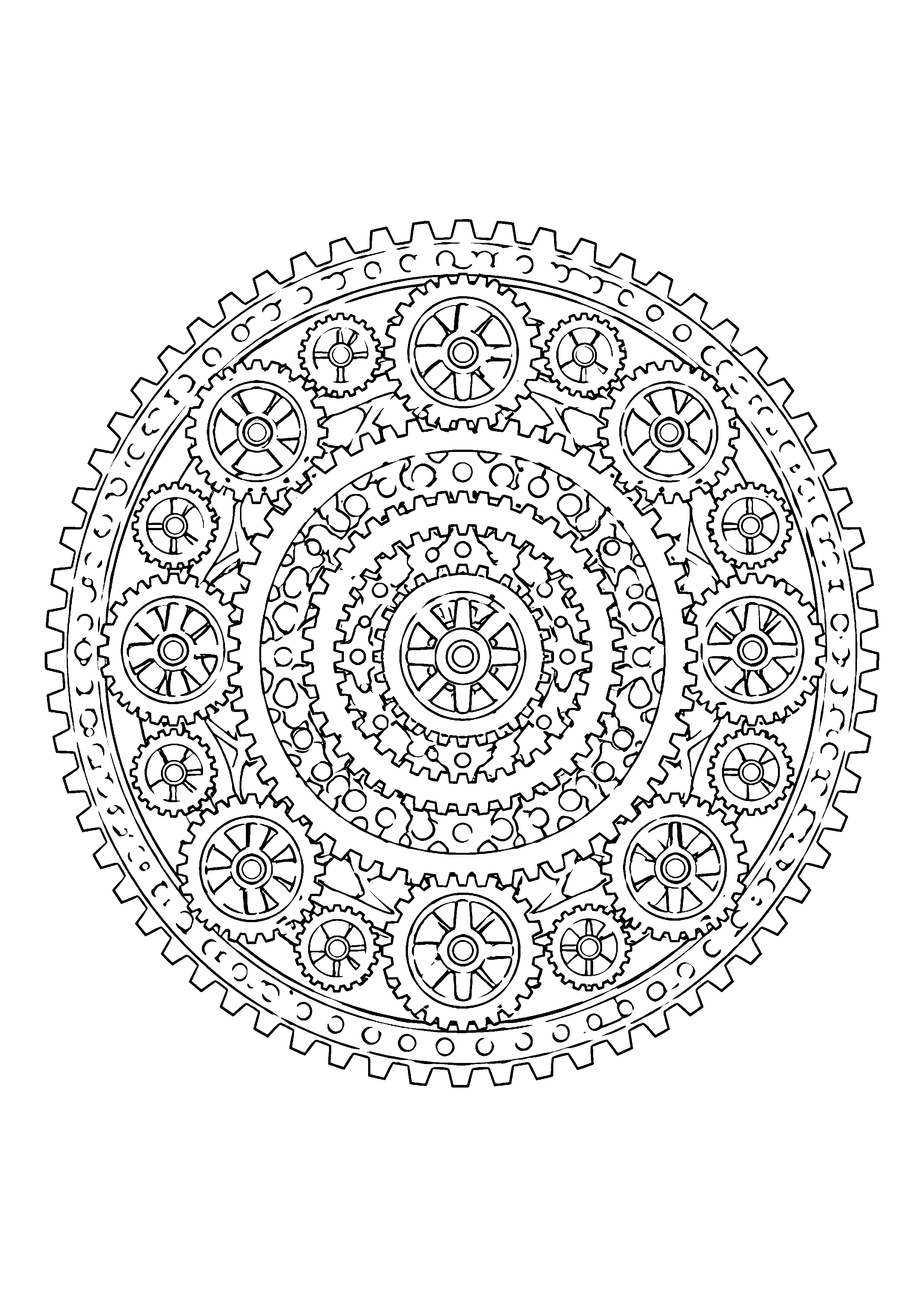 Gear mandala coloring page, printable line art