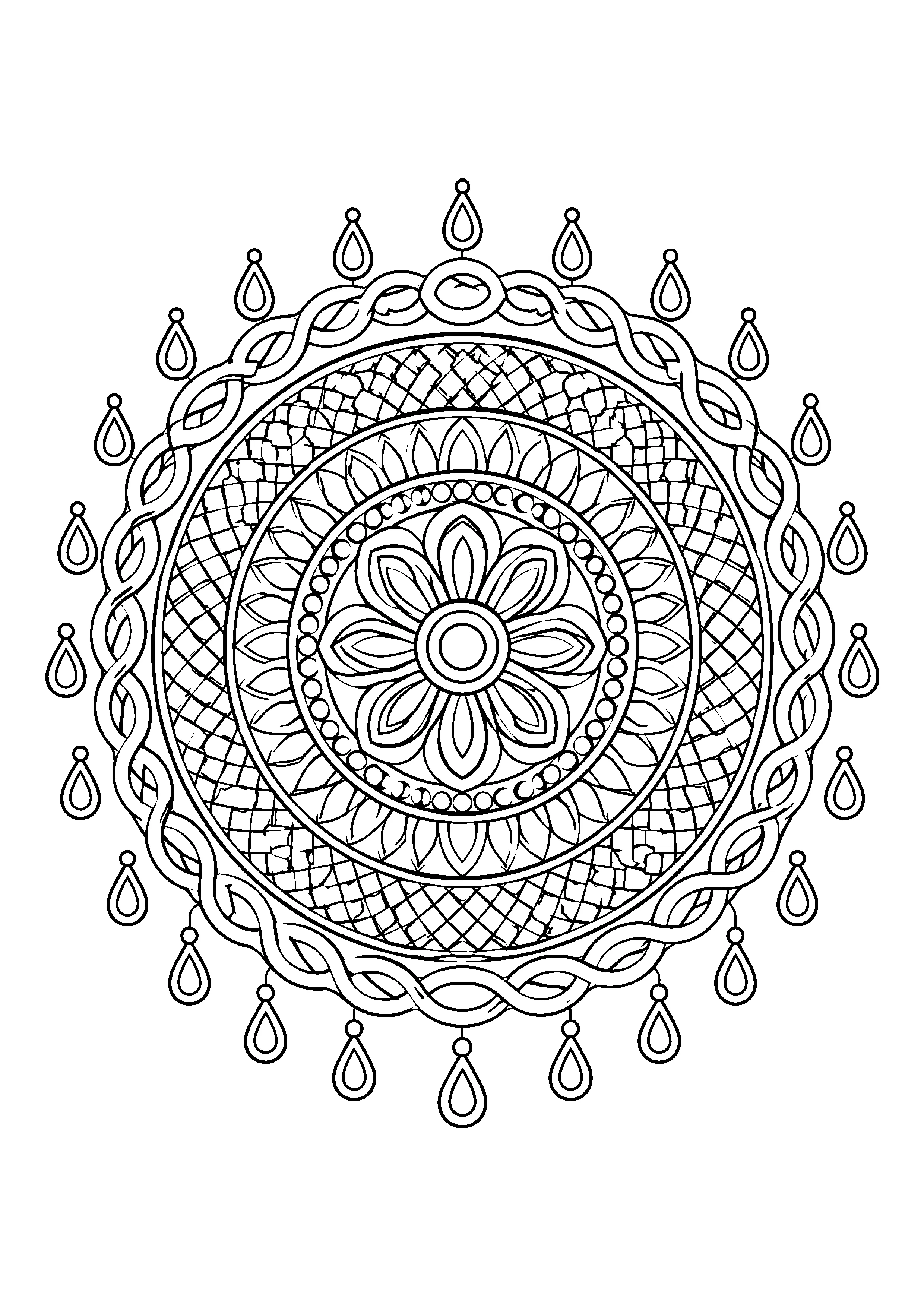 Woven cord medallion mandala coloring page, printable line art