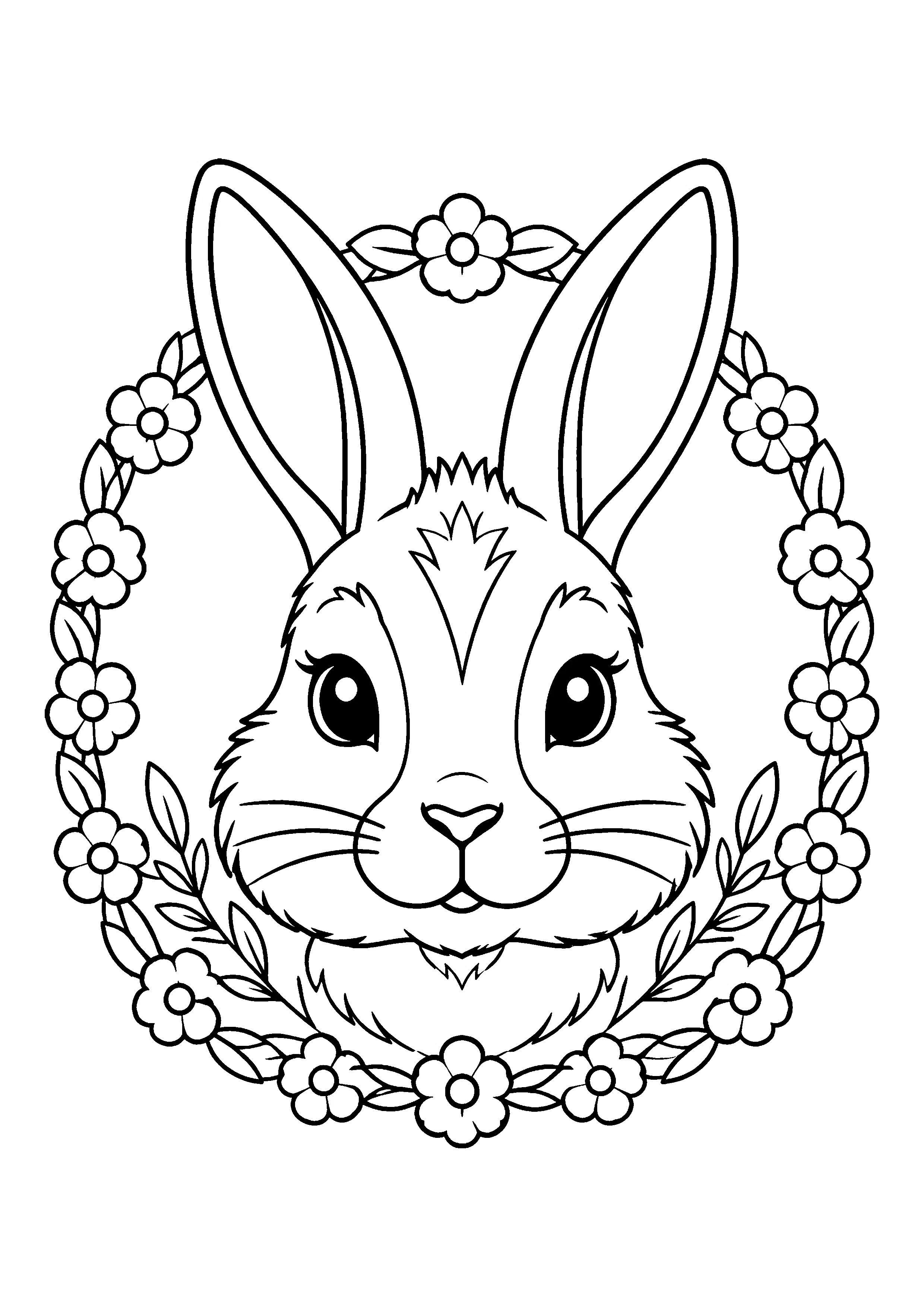 Rabbit with flower wreath coloring page, printable line art