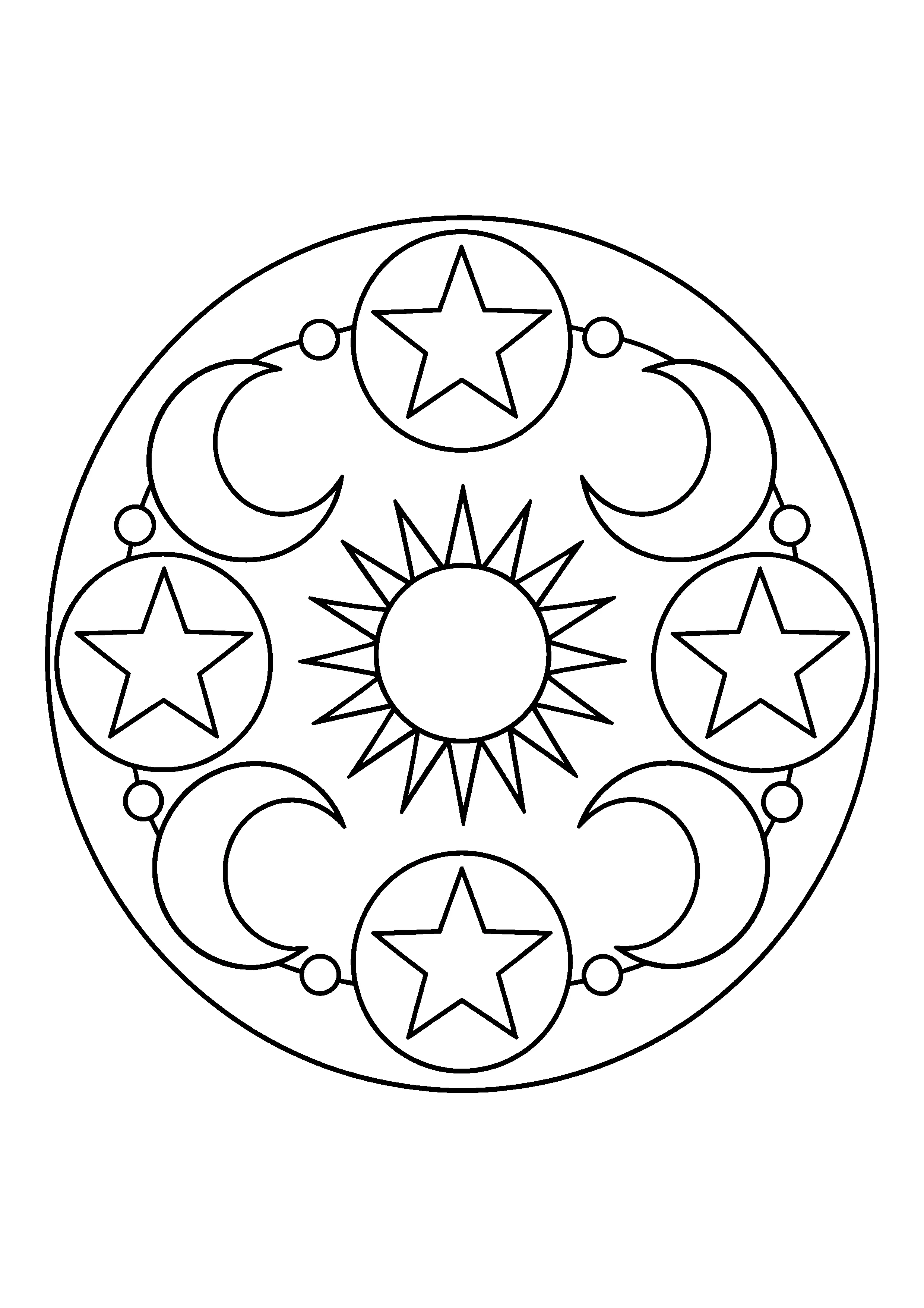 Star and moon mandala coloring page, printable line art