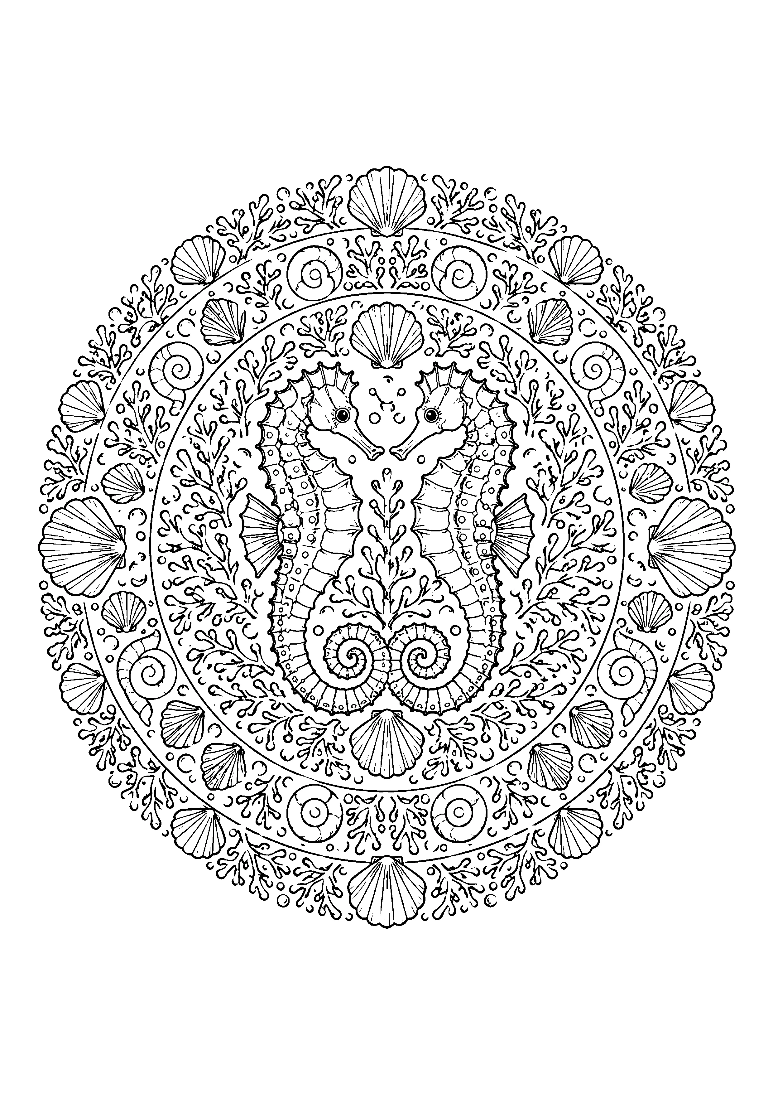 Seahorse pair mandala coloring page, printable line art