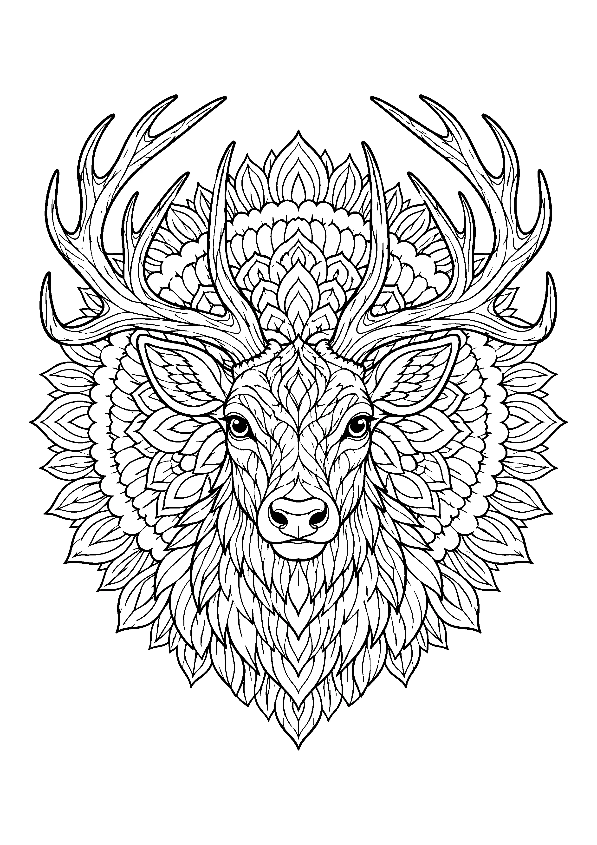 Stag head mandala coloring page, printable line art