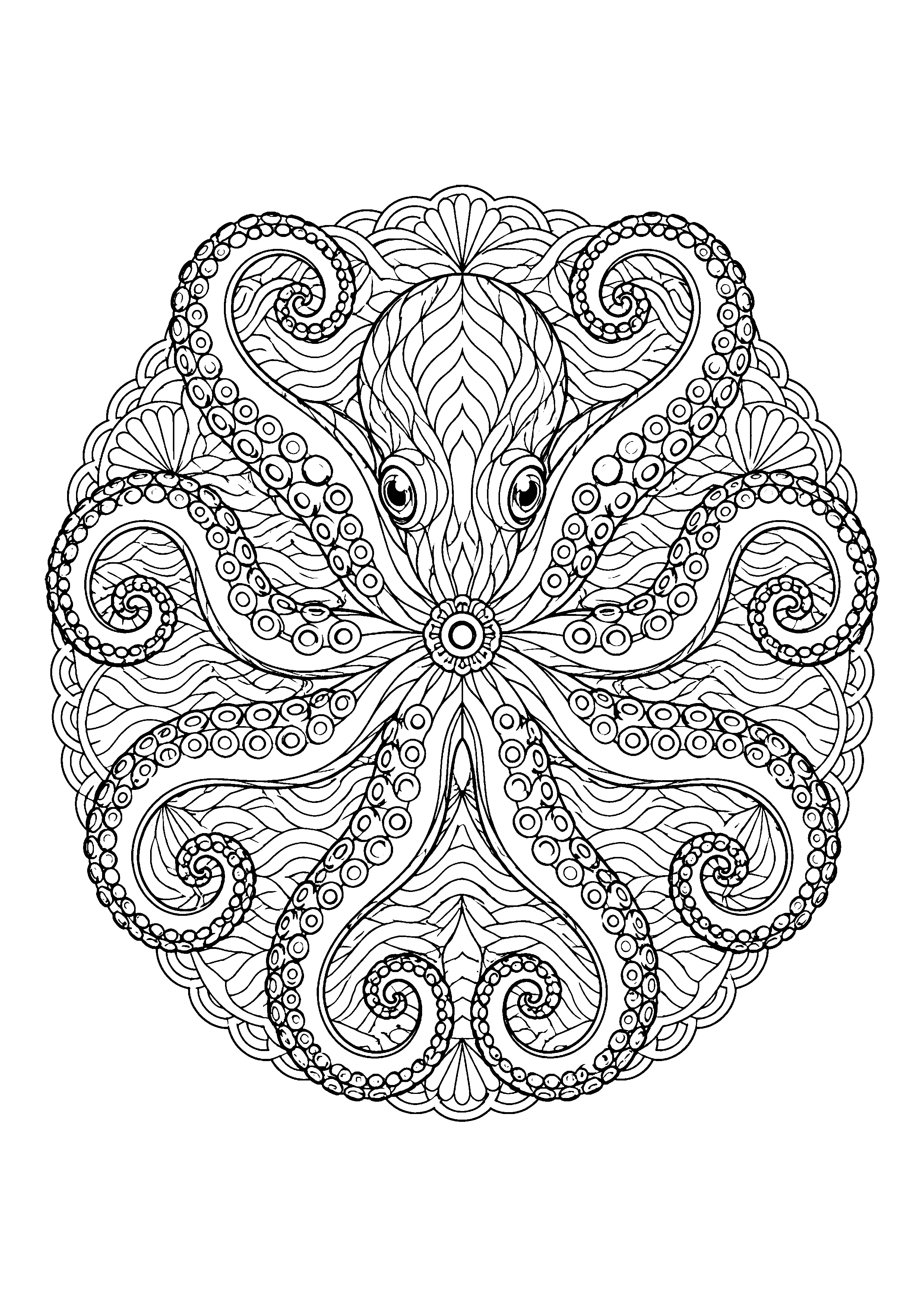 Octopus mandala coloring page, printable line art
