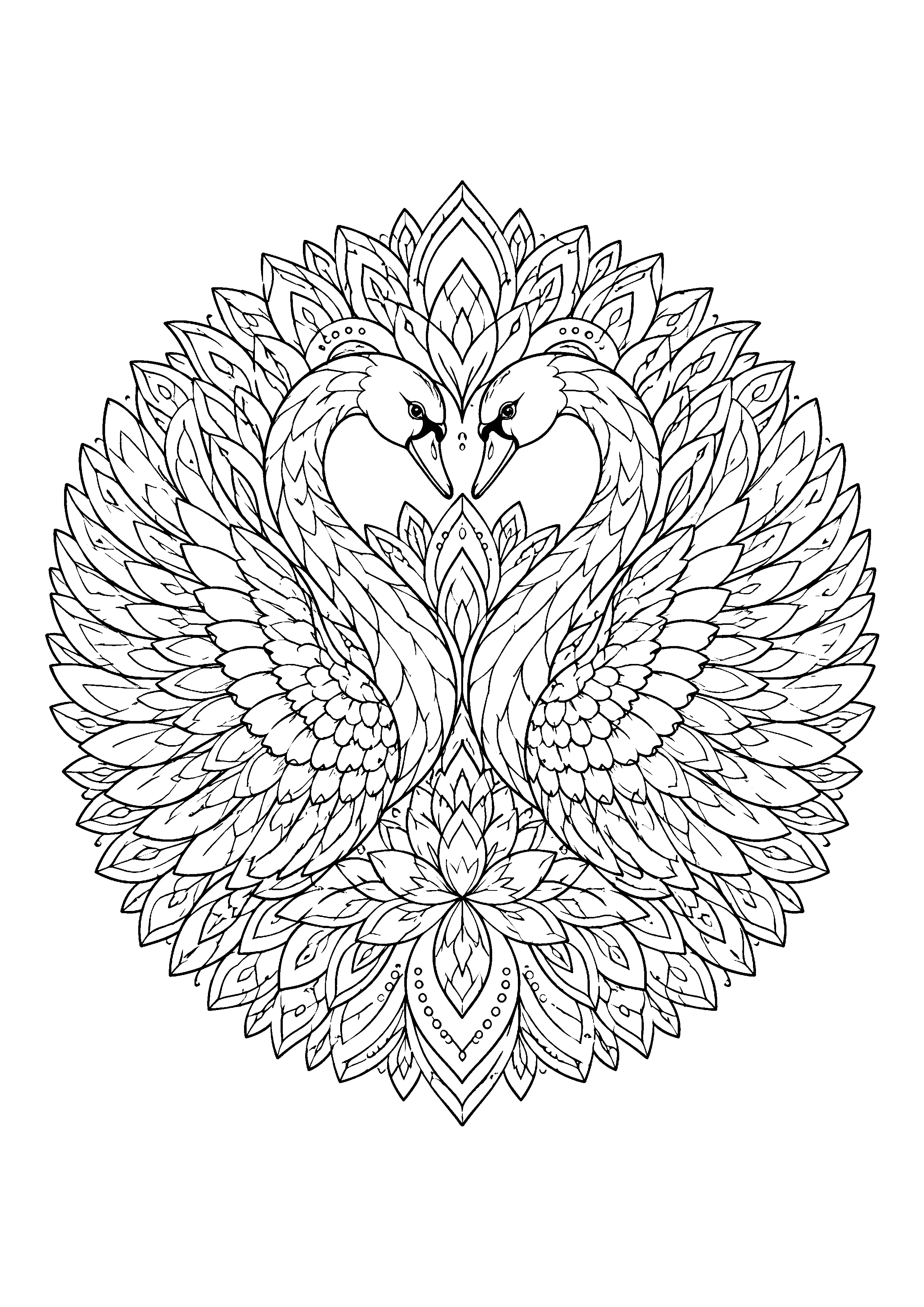 Two swans mandala coloring page, printable line art