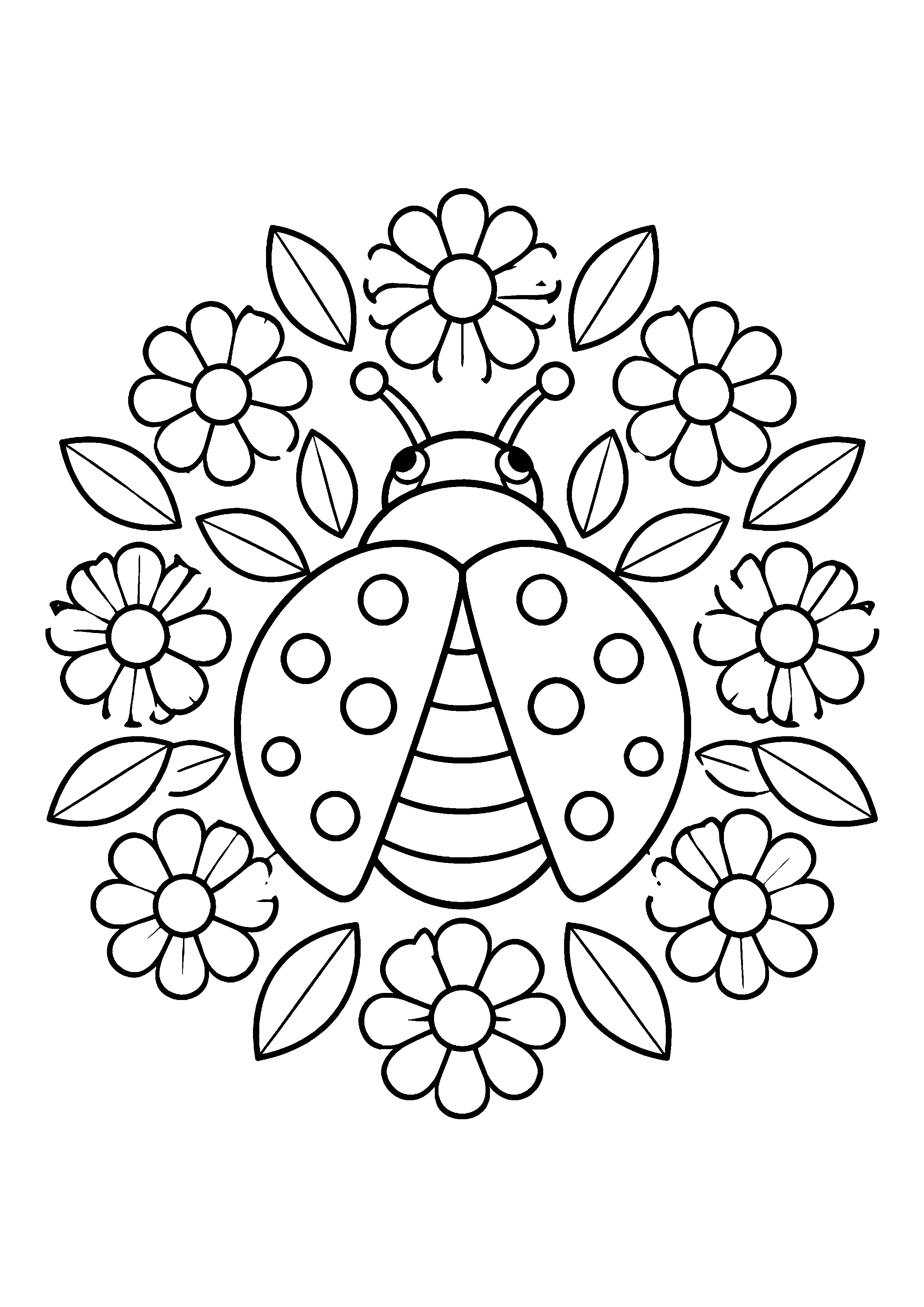 Ladybug and daisy mandala coloring page, printable line art