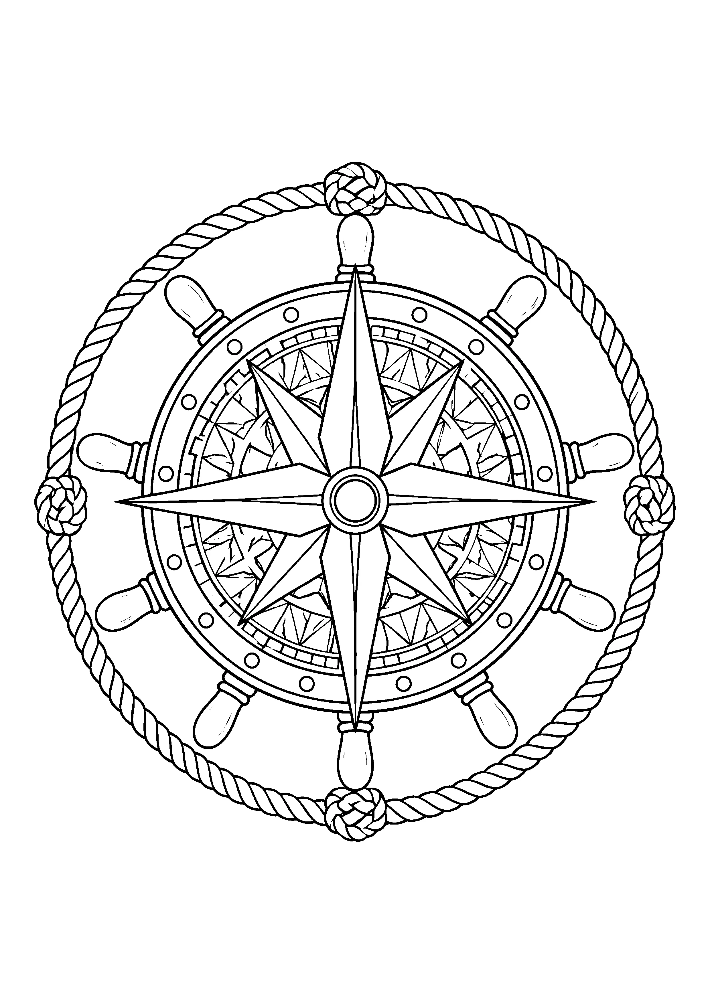 Ship wheel compass rose coloring page, printable line art
