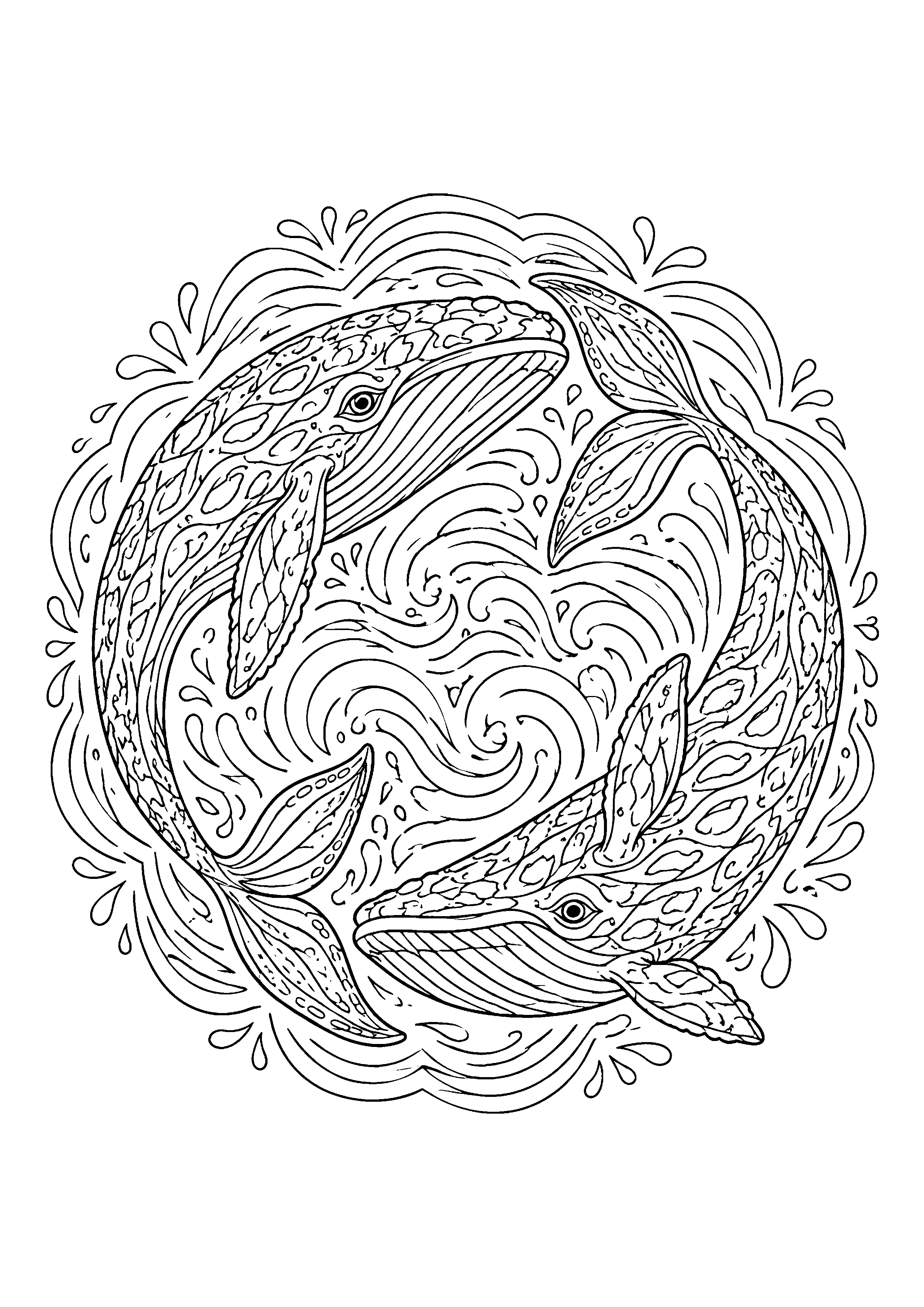 Two whales mandala coloring page, printable line art