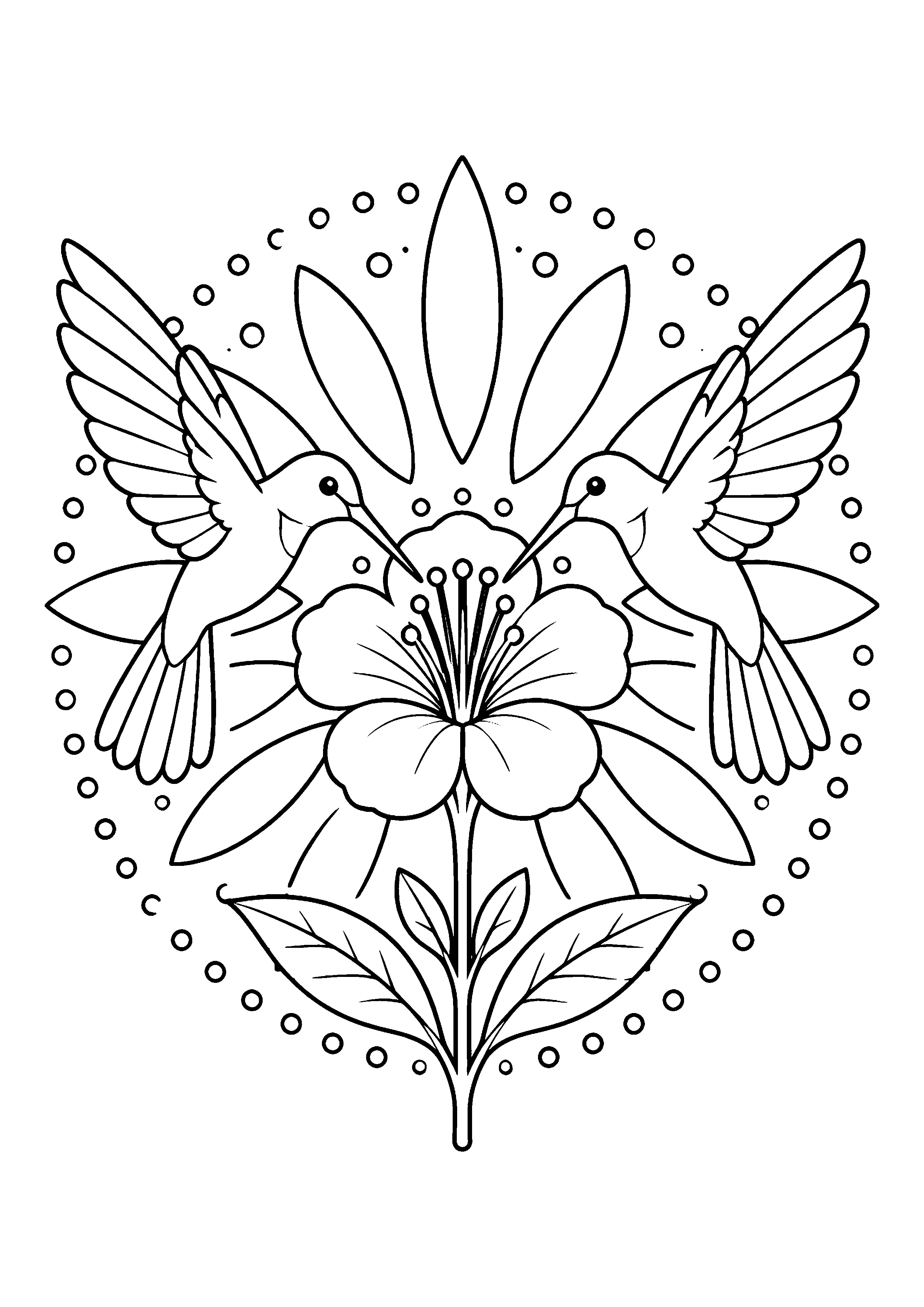 Two hummingbirds with flower coloring page, printable line art
