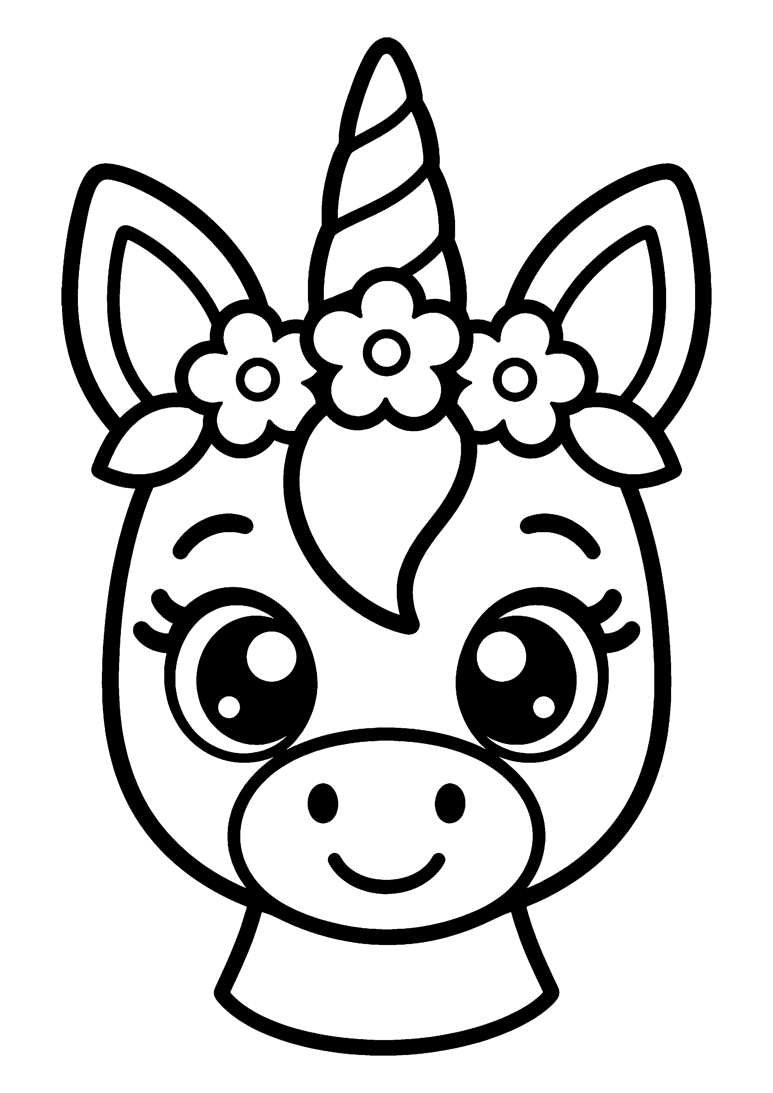 Unicorn head with flower crown coloring page, printable line art