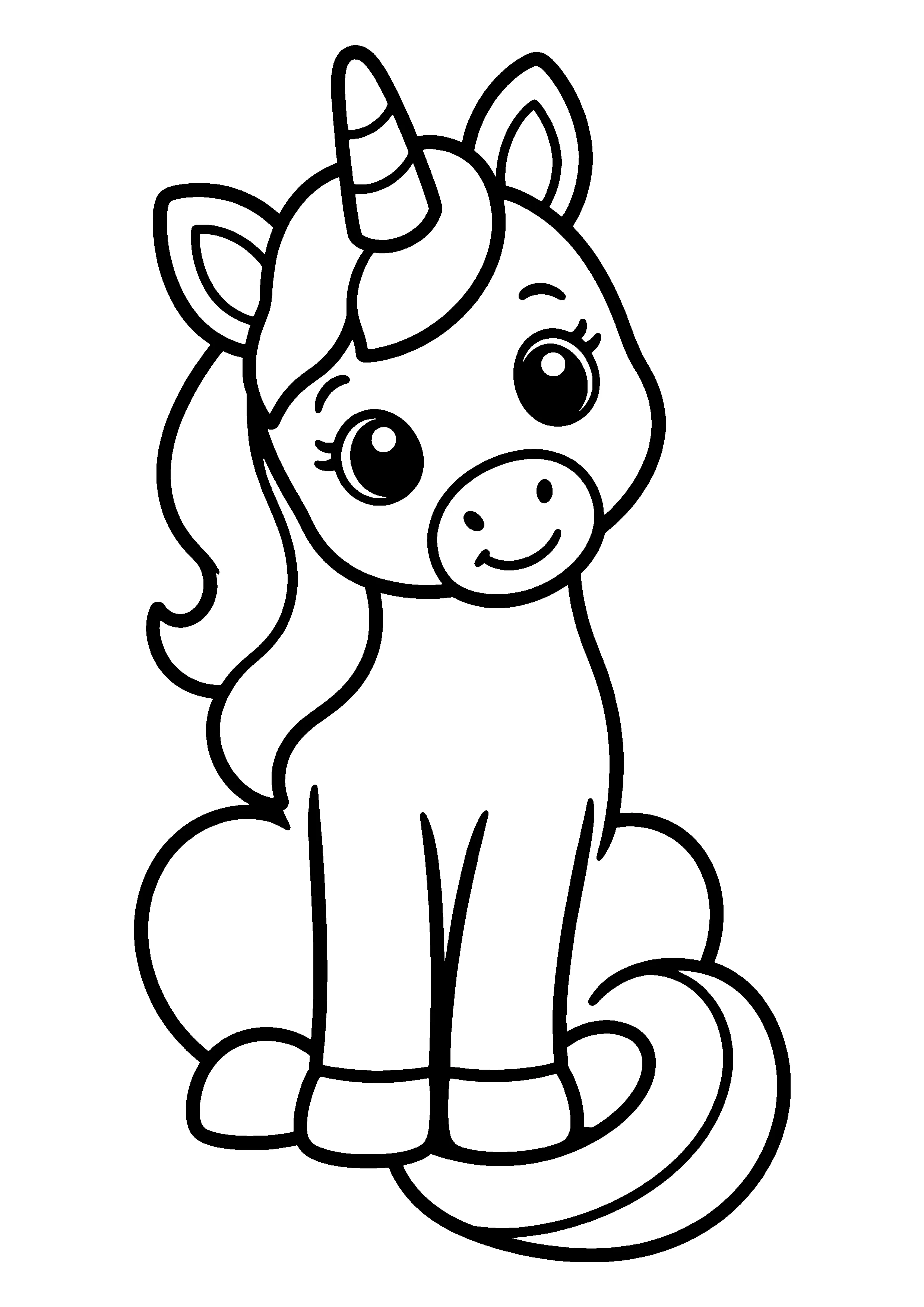 Unicorn sitting upright coloring page, printable line art