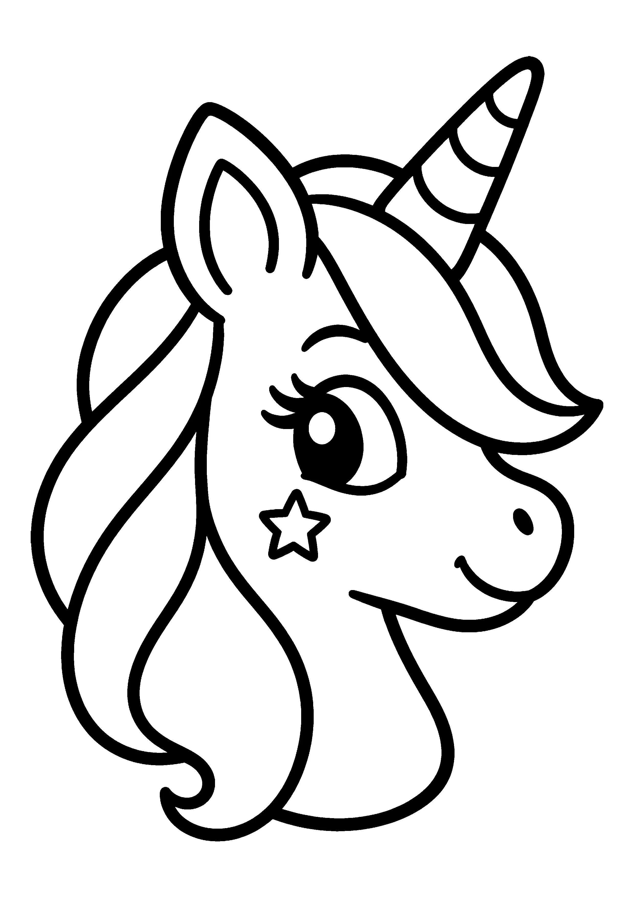 Unicorn head in profile with star coloring page, printable line art