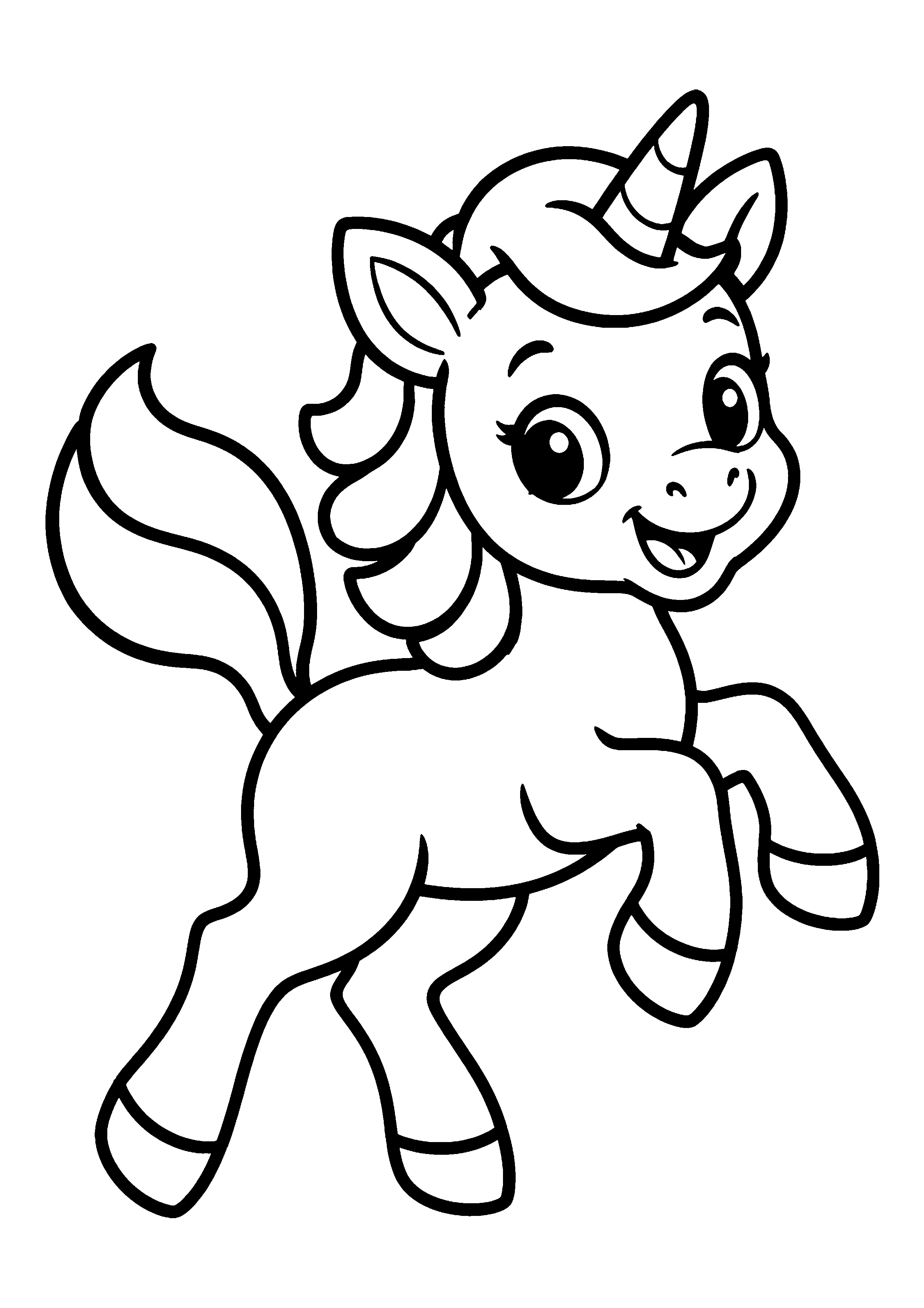 Baby unicorn mid-hop coloring page, printable line art