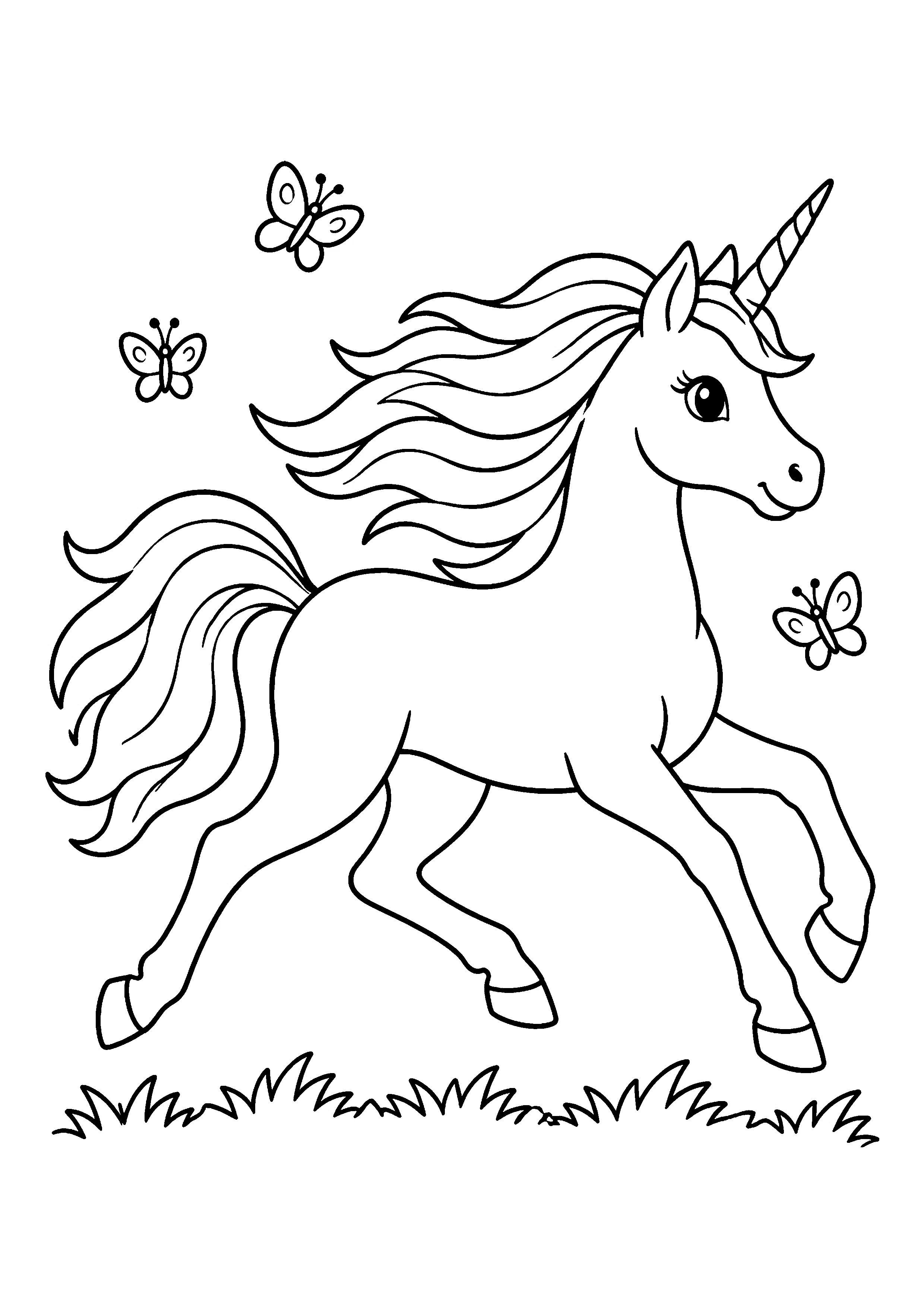 Unicorn galloping with butterflies coloring page, printable line art